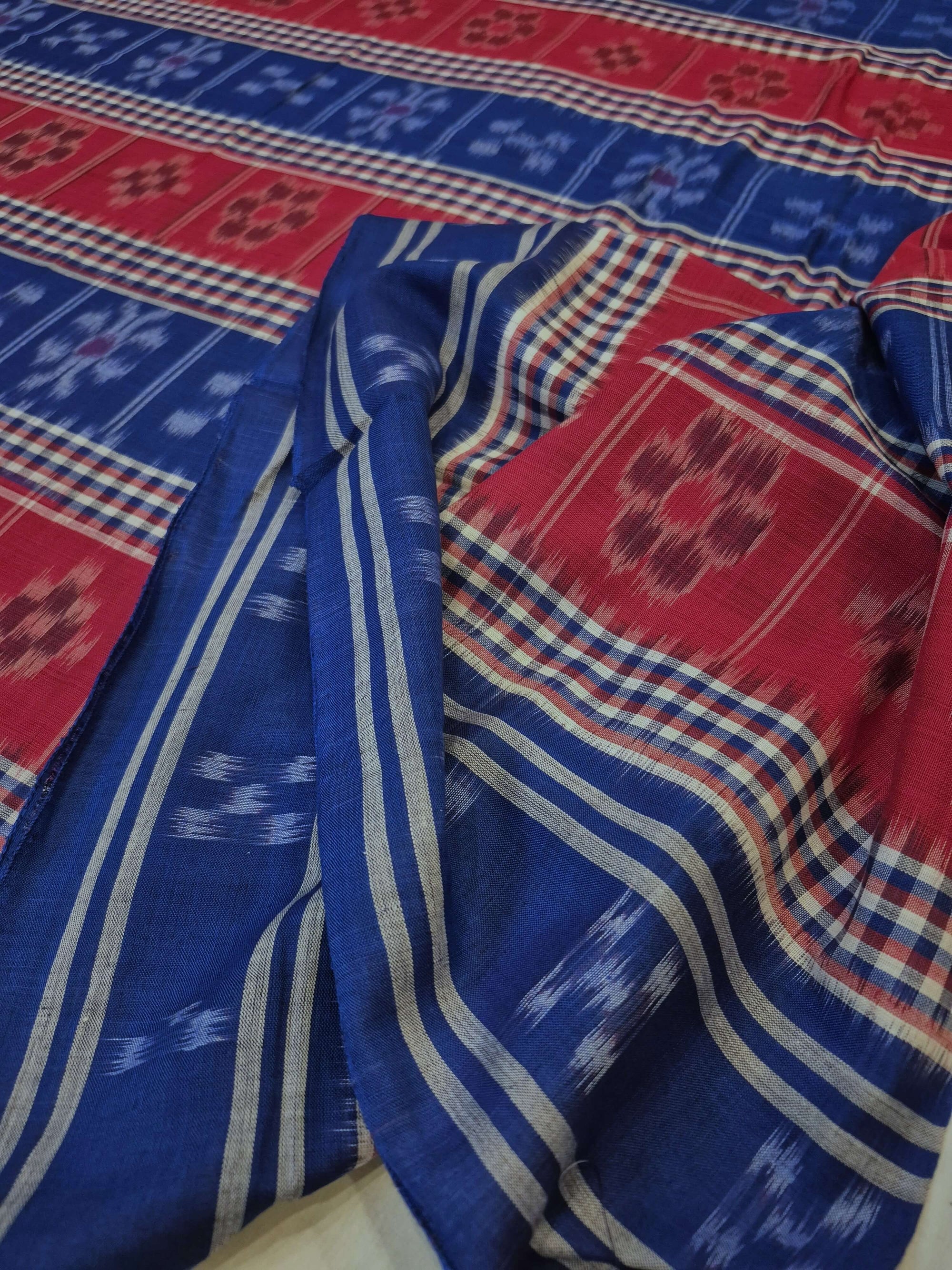 Blue Cotton Odisha Ikat saree with mix match cotton ikat blouse piece