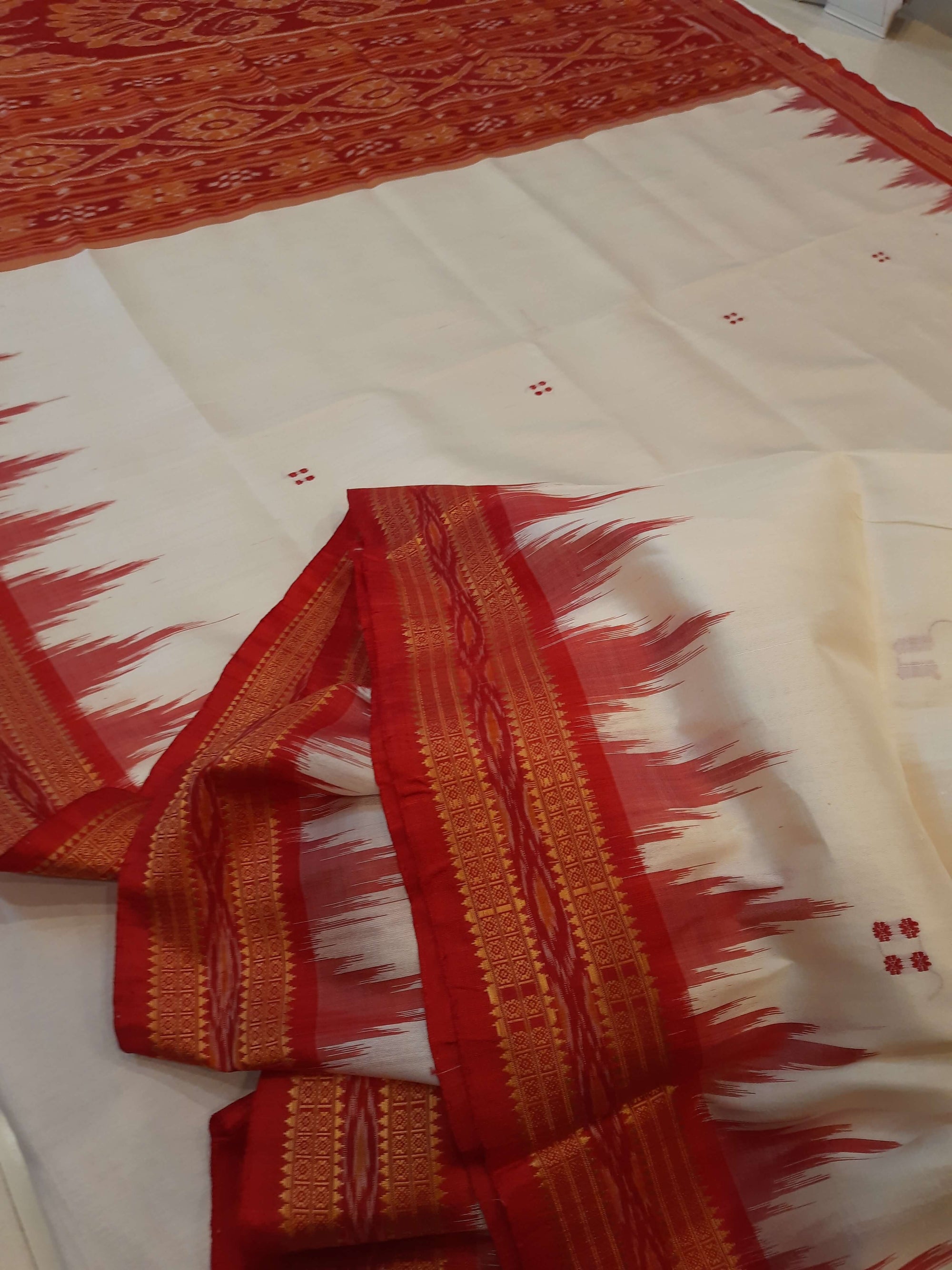 White Red Odisha Khandua Pata Silk Saree with cotton ikat blouse piece