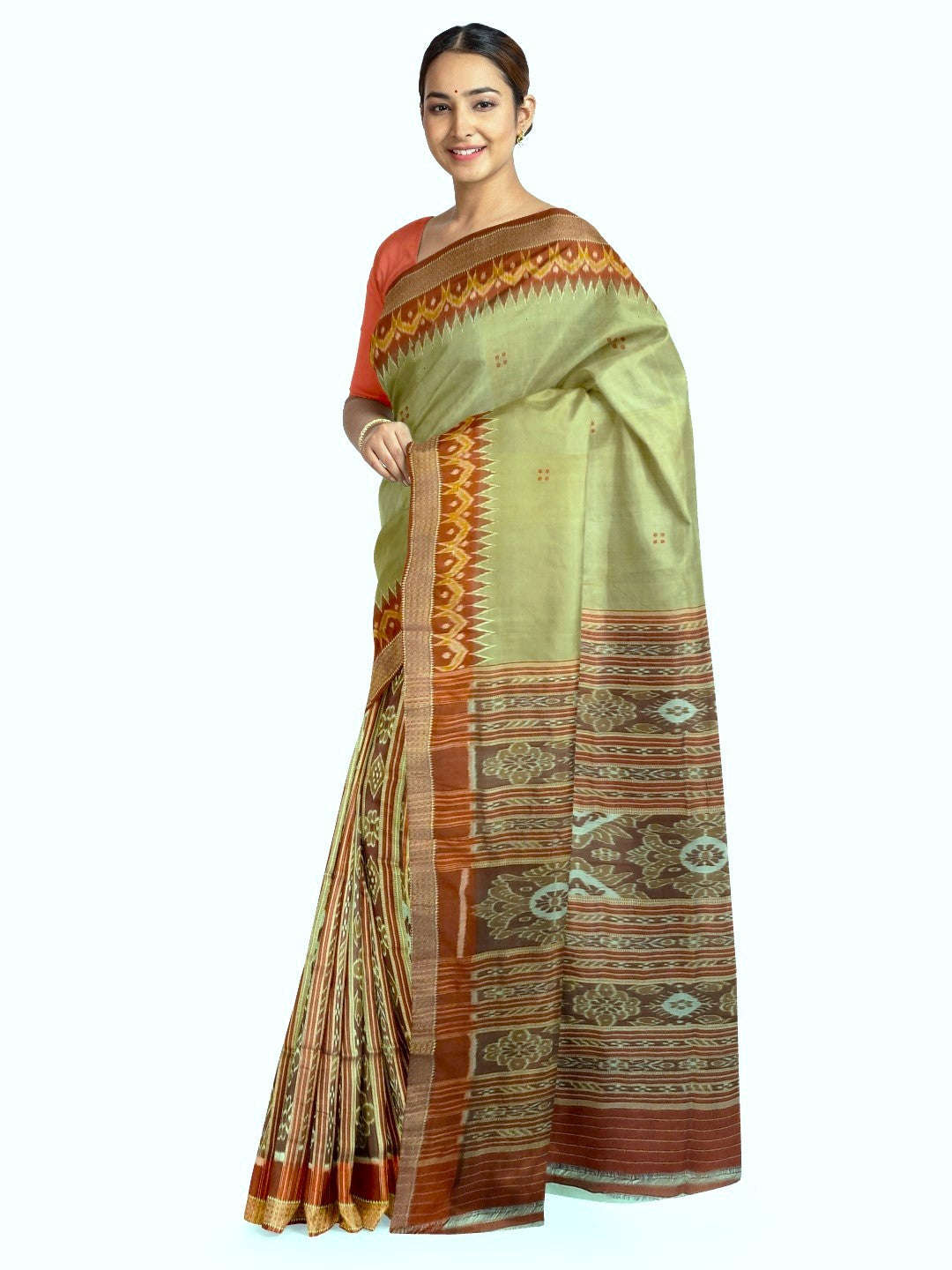 Light Greenish Beige Patli Pleats Odisha Khandua Pata Silk Saree