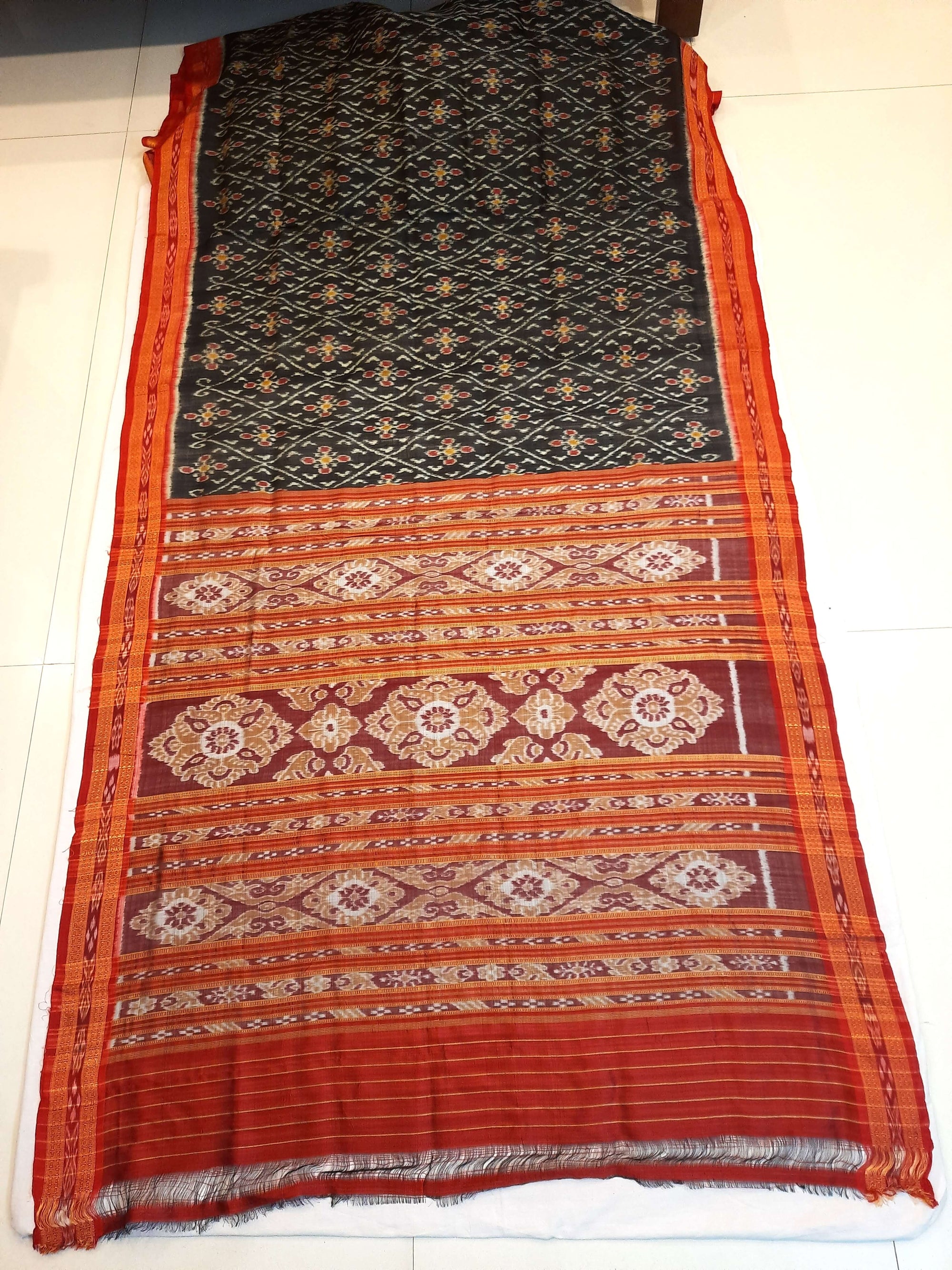 Black with Red Border Odisha Khandua Pata Silk Saree with cotton ikat blouse piece