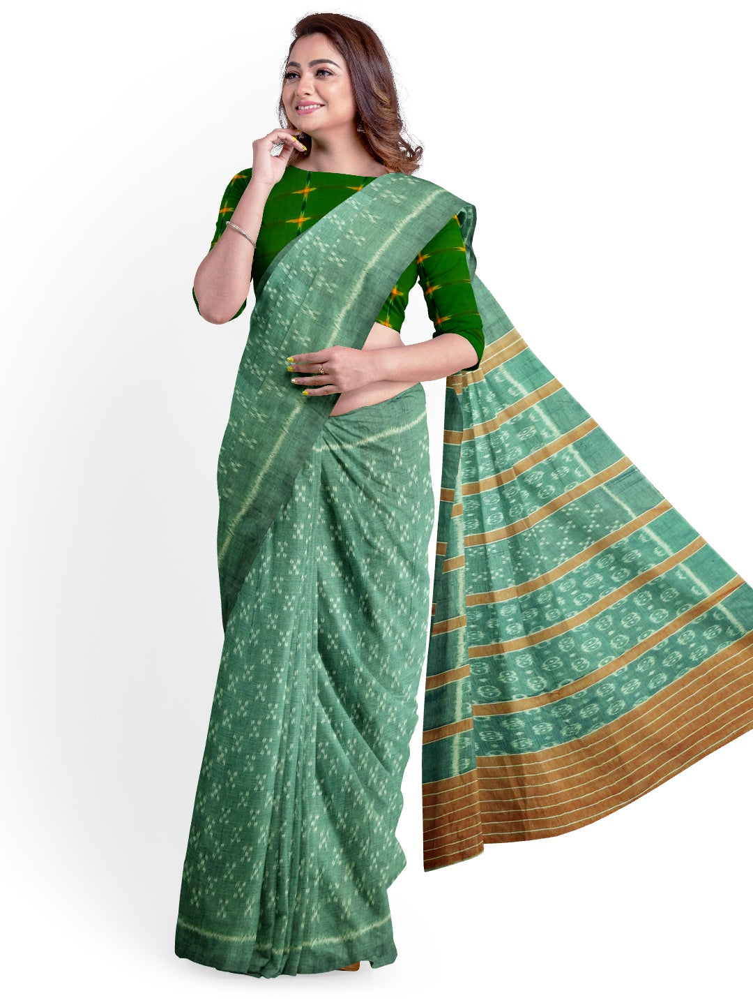 Green Cotton Odisha Ikat saree with mix match cotton ikat blouse piece