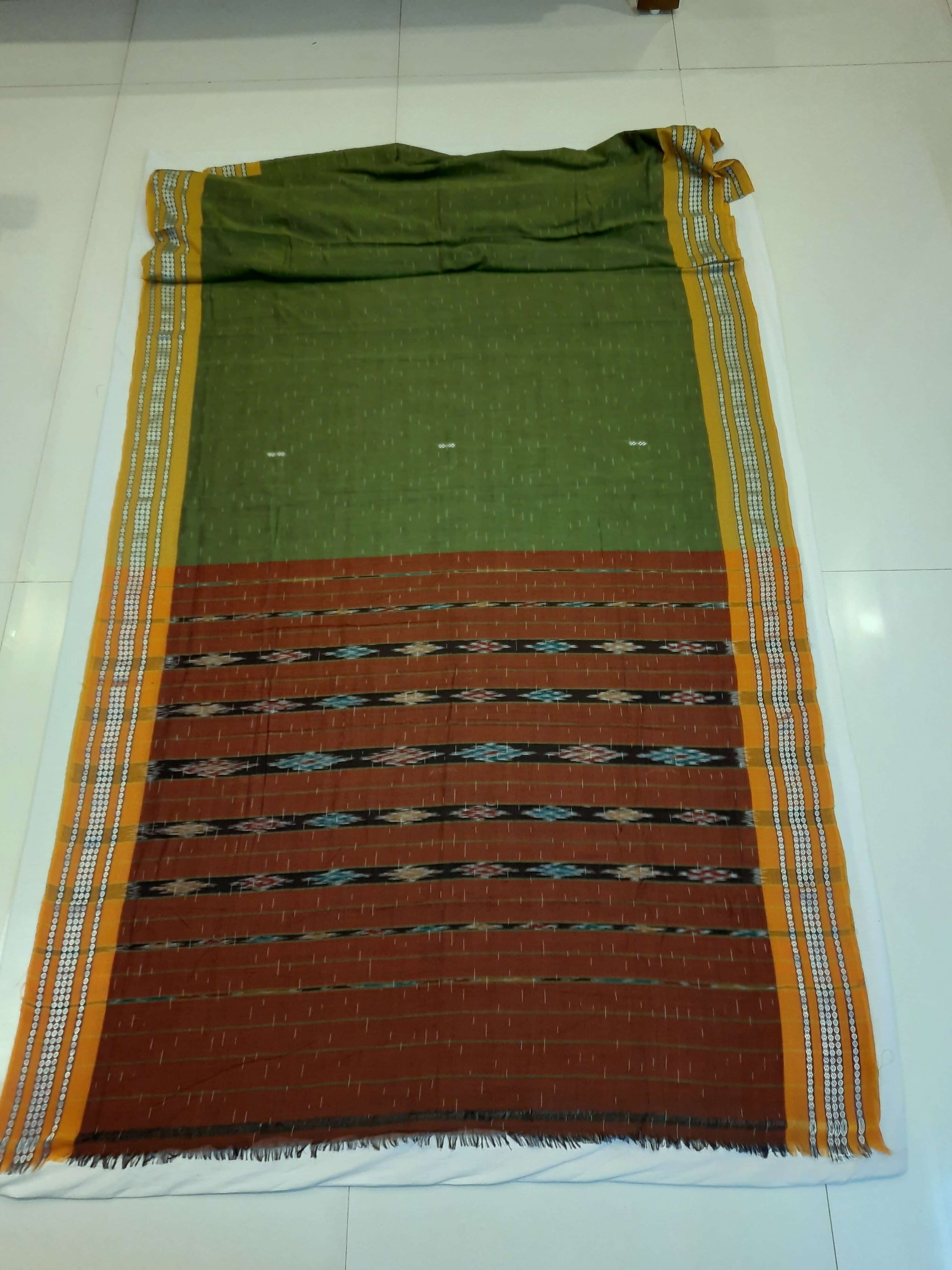 Olive Green Cotton Odisha Ikat saree with mix match blouse piece