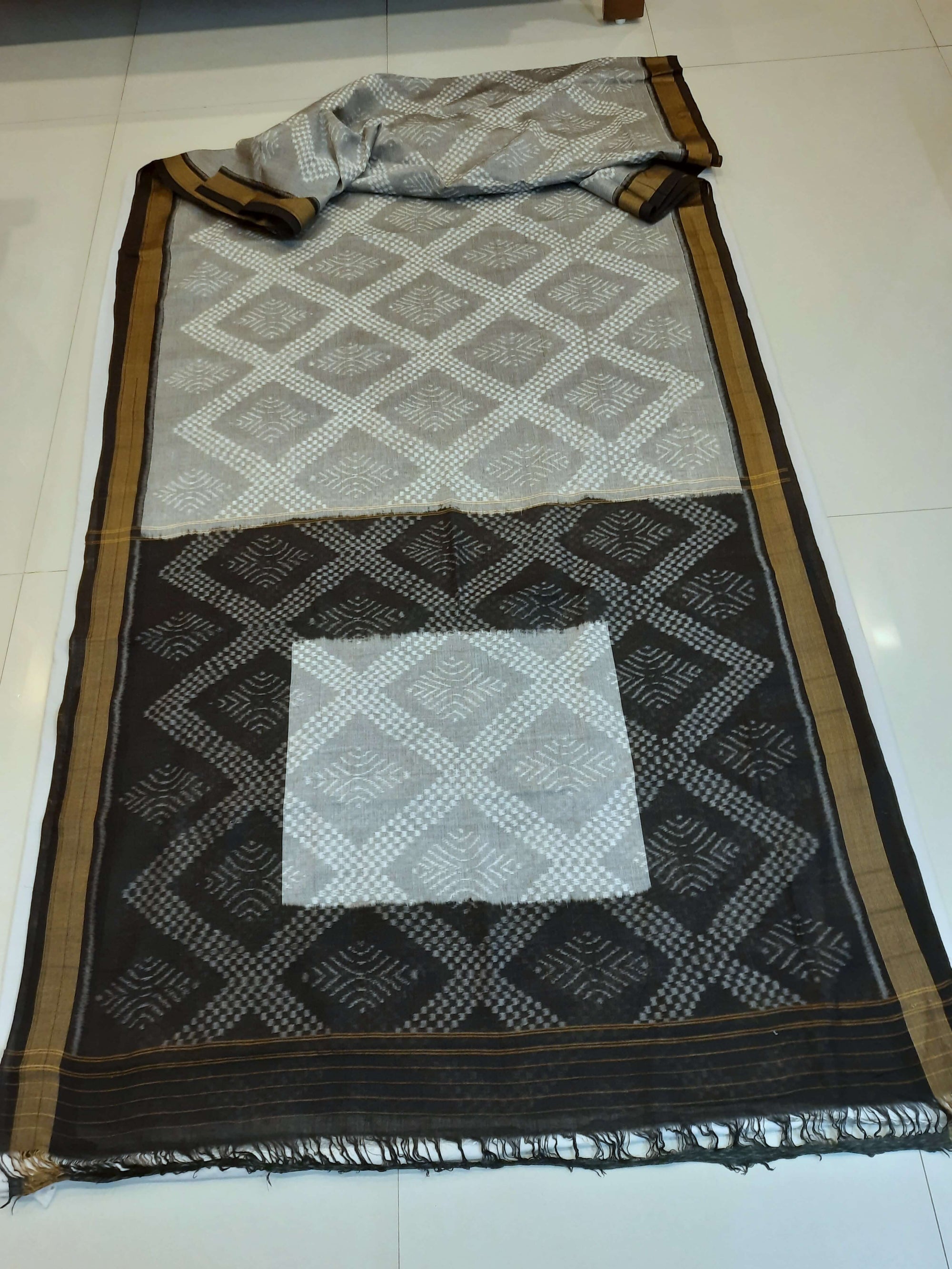 Grey Sambalpuri cotton Saree with mix match ikat blouse piece