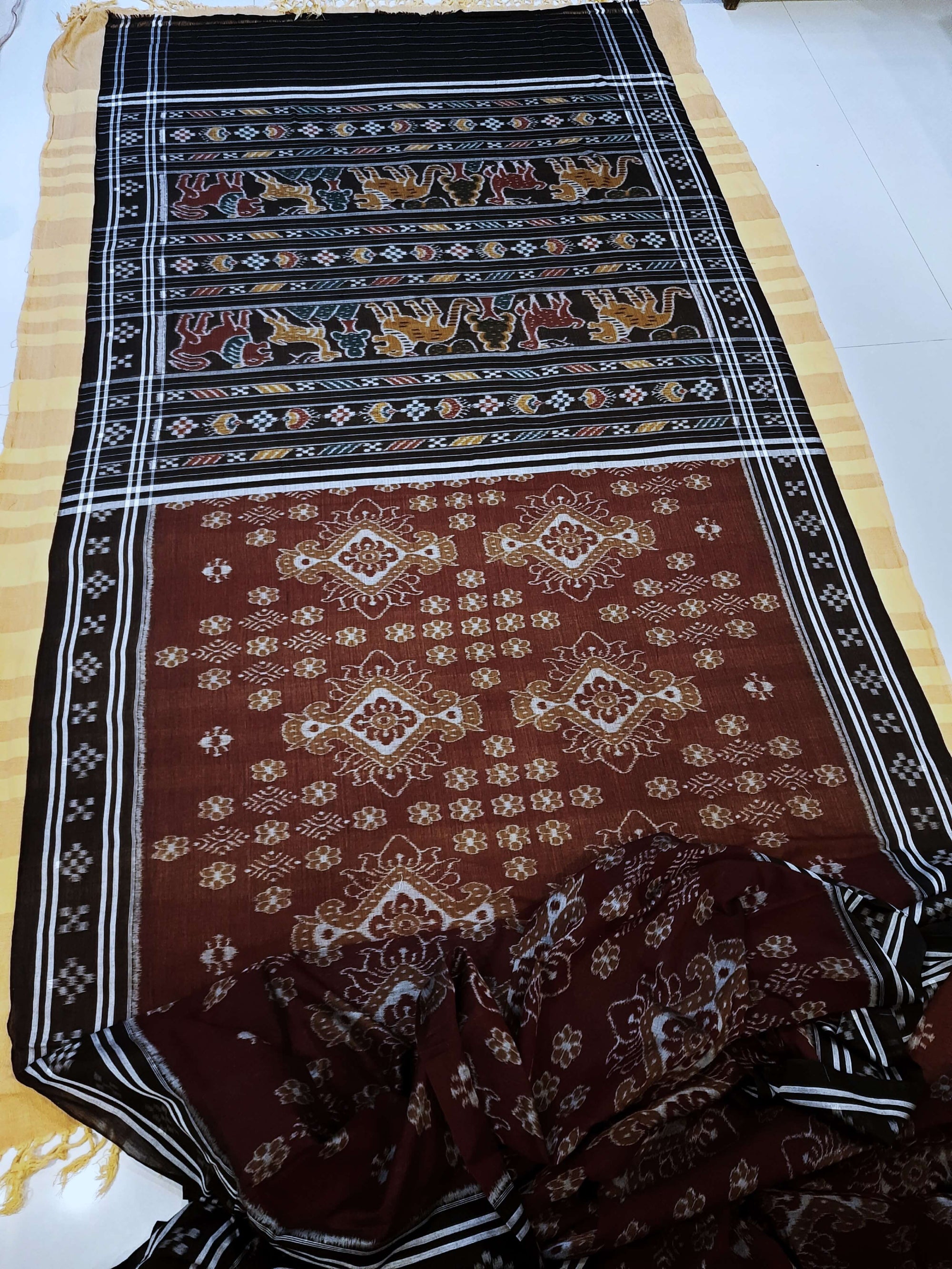 Maroon with black Cotton Odisha Ikat saree  with mix match cotton ikat blouse