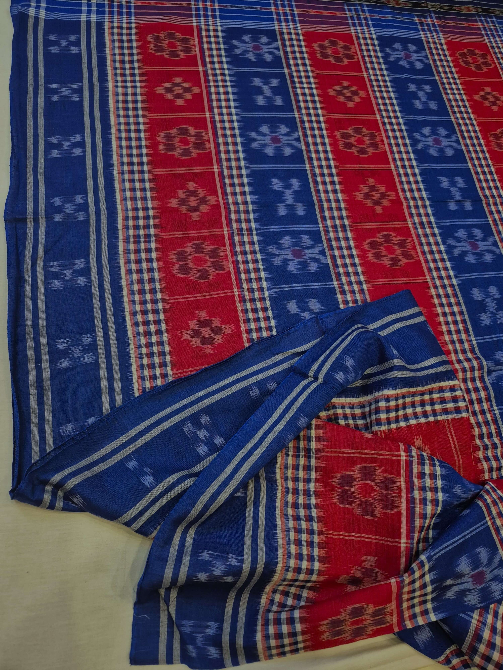 Blue Cotton Odisha Ikat saree with mix match cotton ikat blouse piece