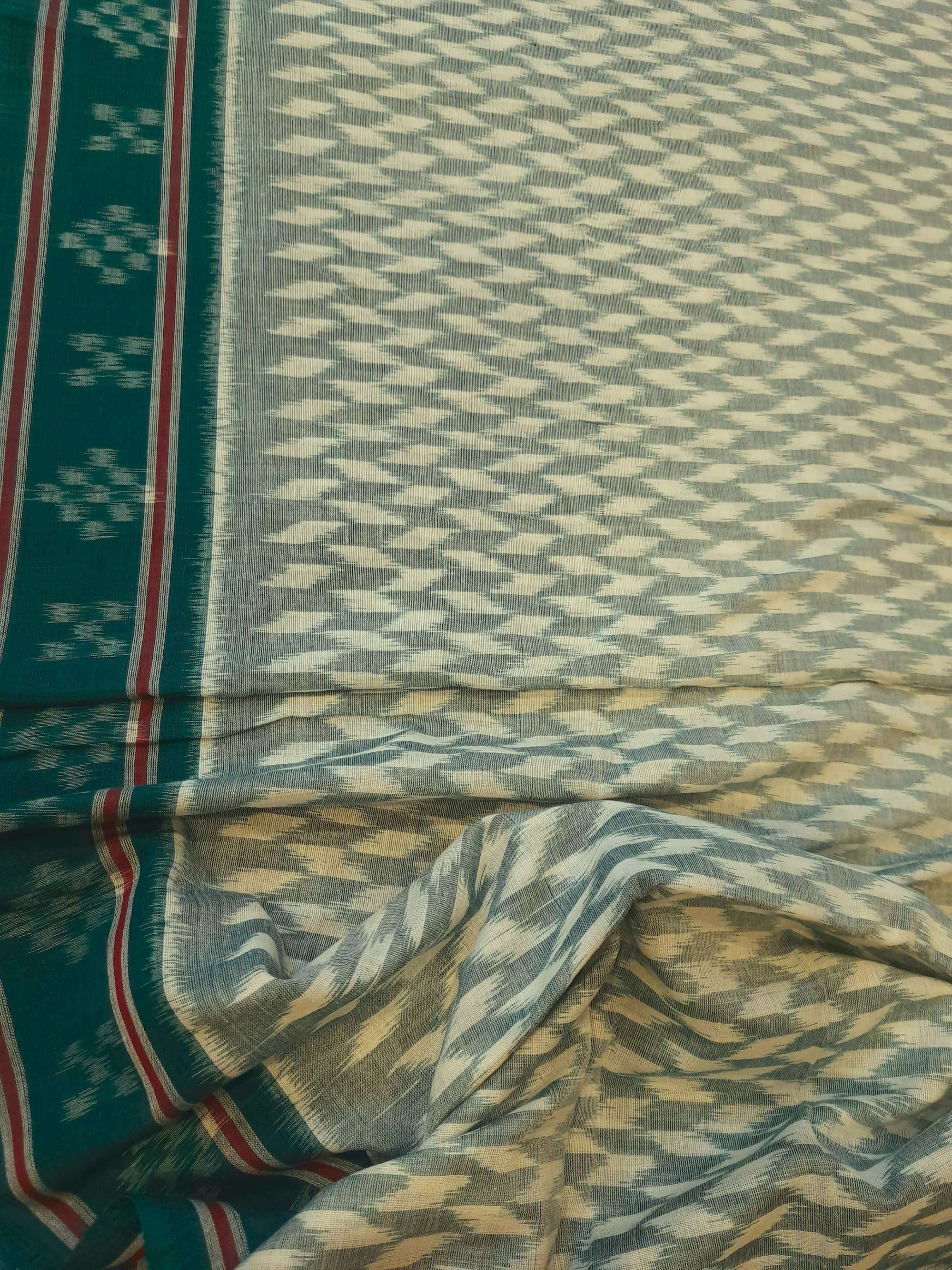 Off_White with Green Cotton Odisha Ikat saree with mix match cotton ikat blouse piece