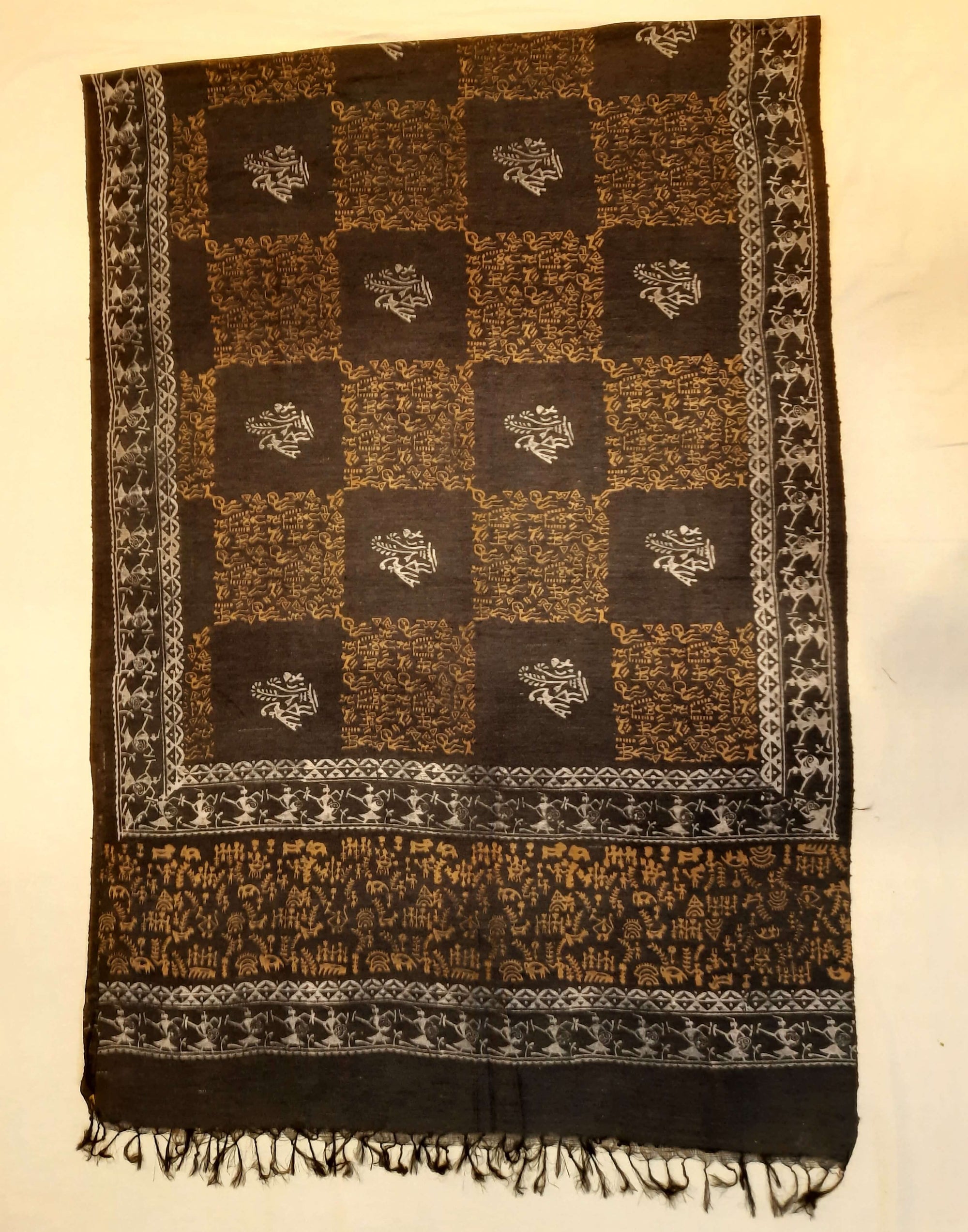 Grey Tussar Silk Dupatta with hand block print