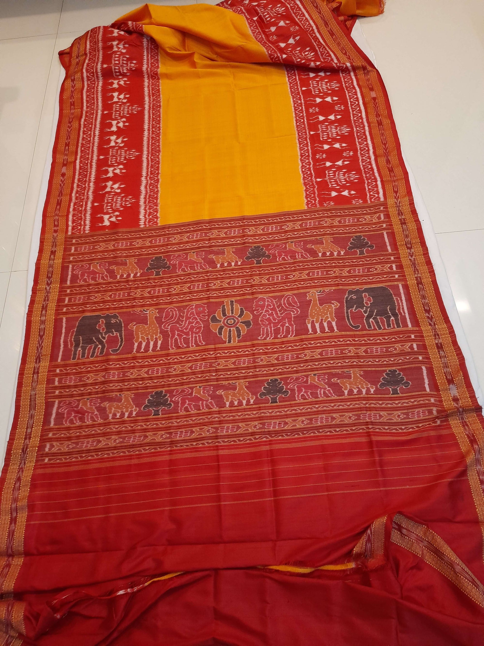 Yellow Red Odisha Khandua Pata Silk Saree with running blouse piece