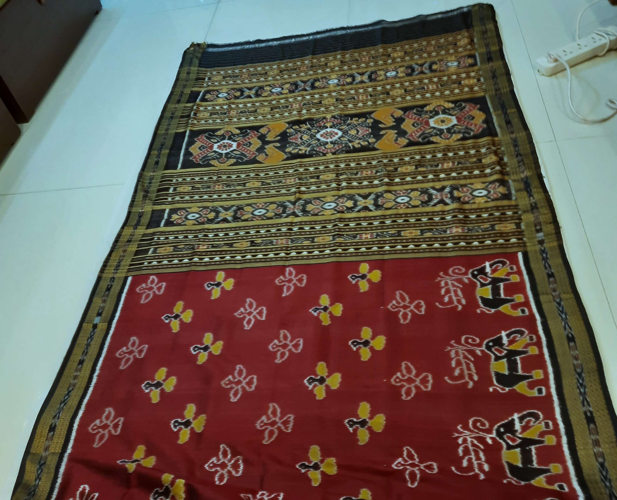 Maroon Odisha Khandua Pata Silk Saree with cotton ikat blouse piece