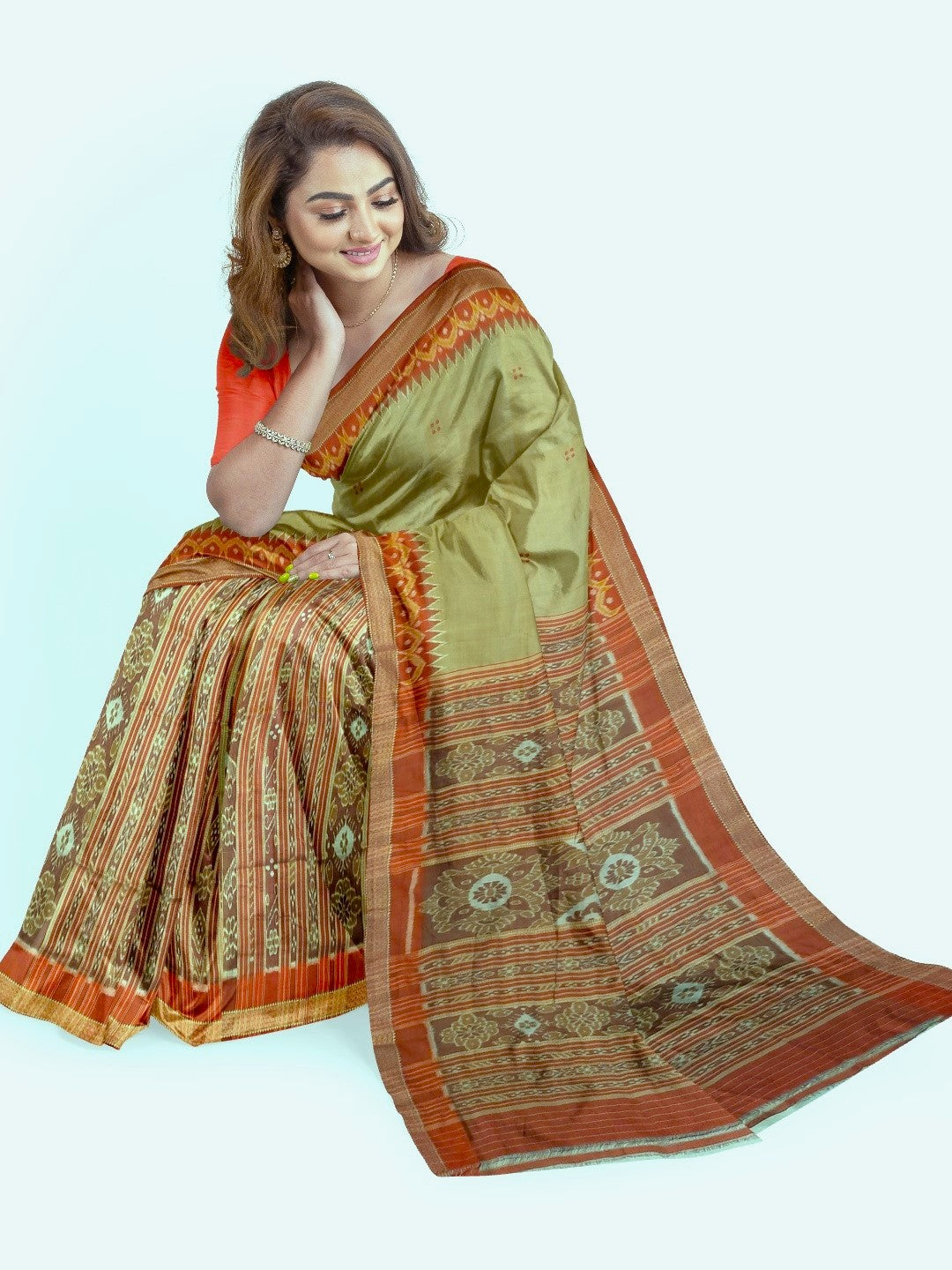 Light Greenish Beige Patli Pleats Odisha Khandua Pata Silk Saree