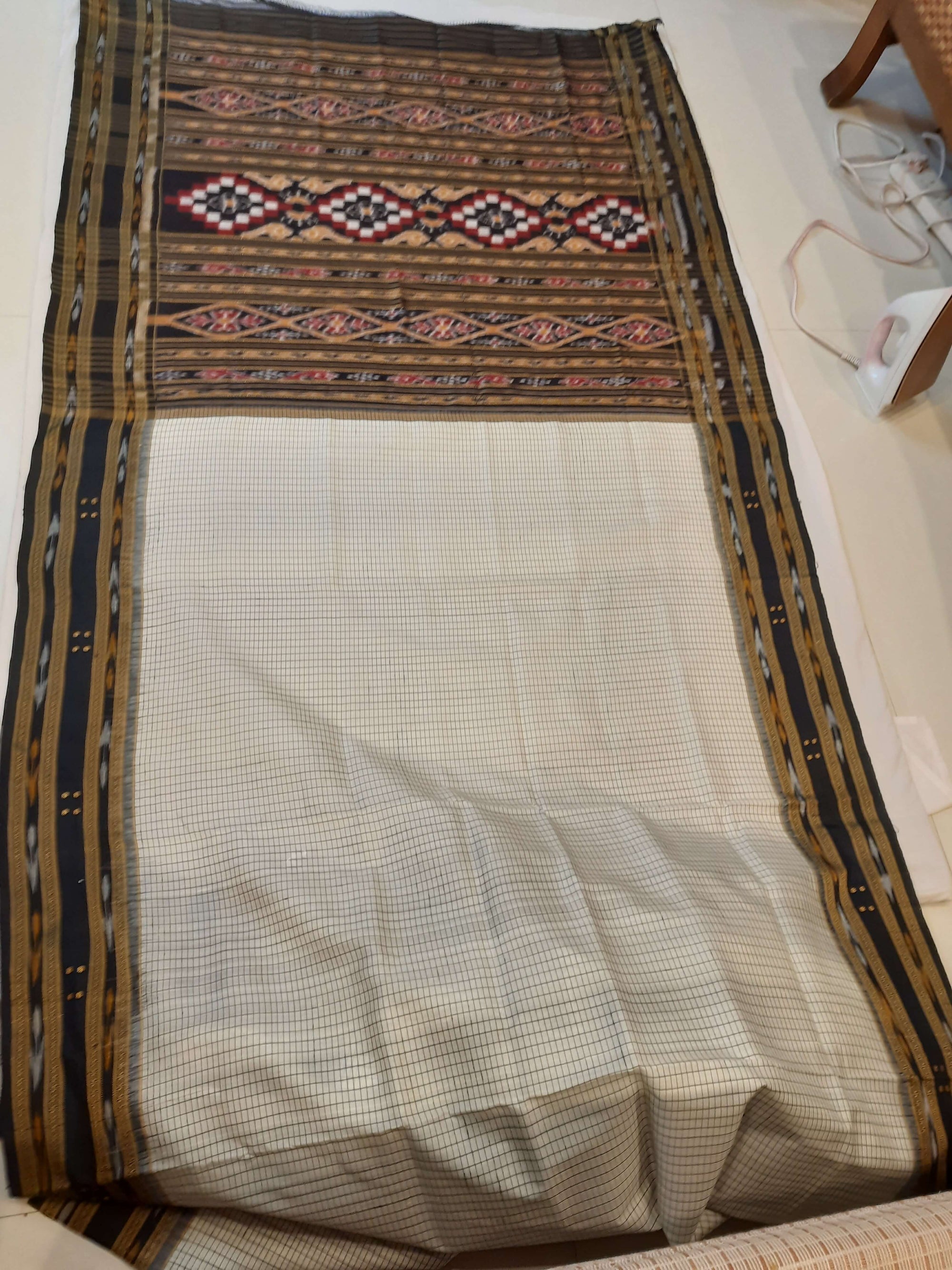 Offwhite Black Sachipar Khandua Pata Silk Saree with cotton ikat blouse piece