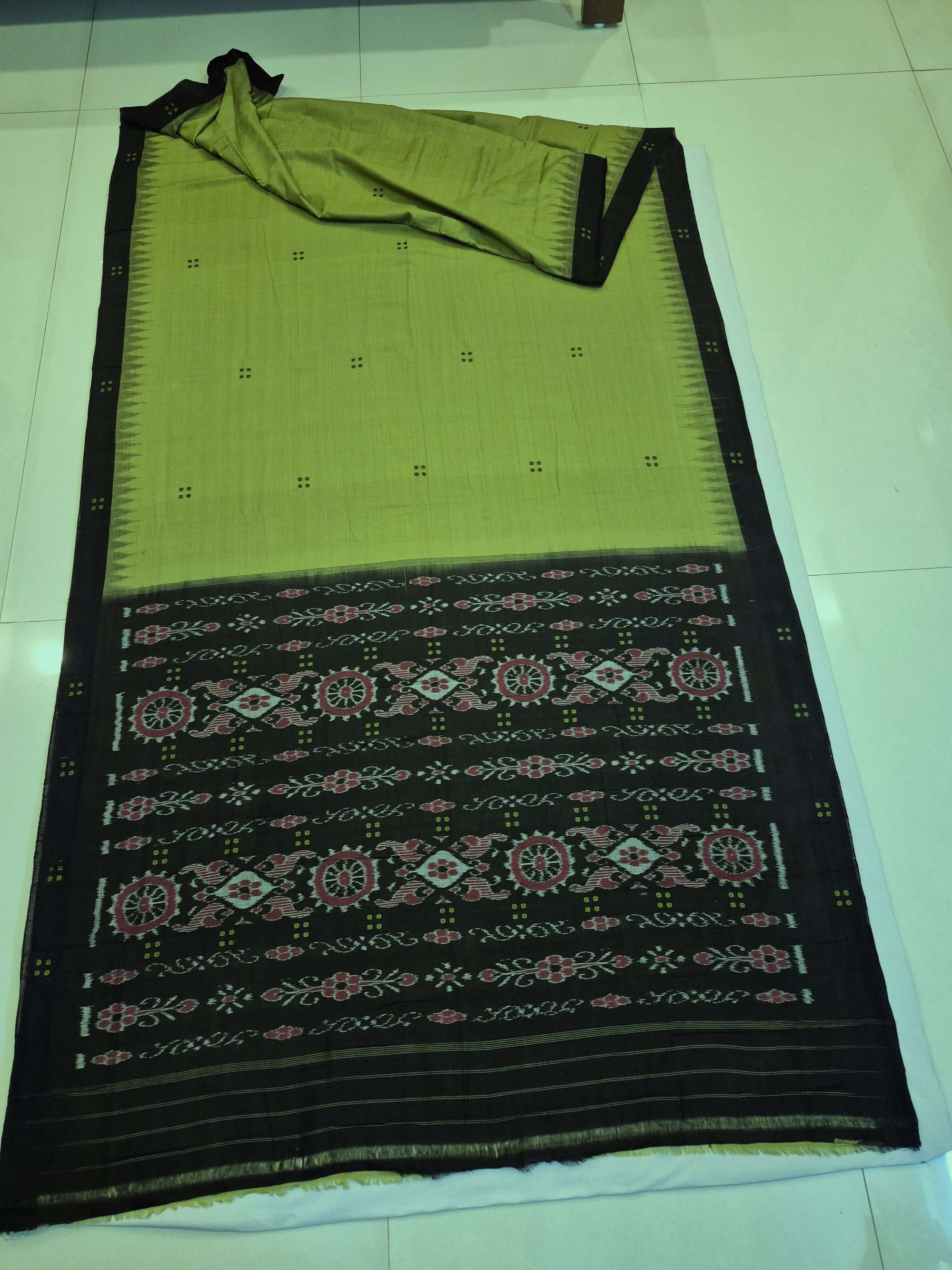 Green with Black Cotton Odisha Ikat saree with cotton ikat blouse piece