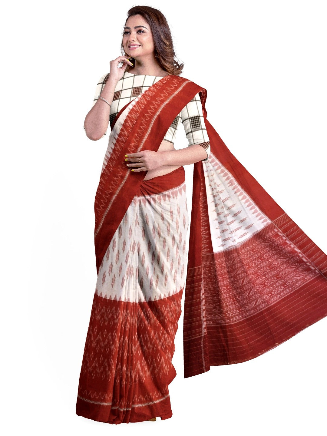 White and Red Cotton Odisha Ikat saree  with mix match cotton ikat blouse