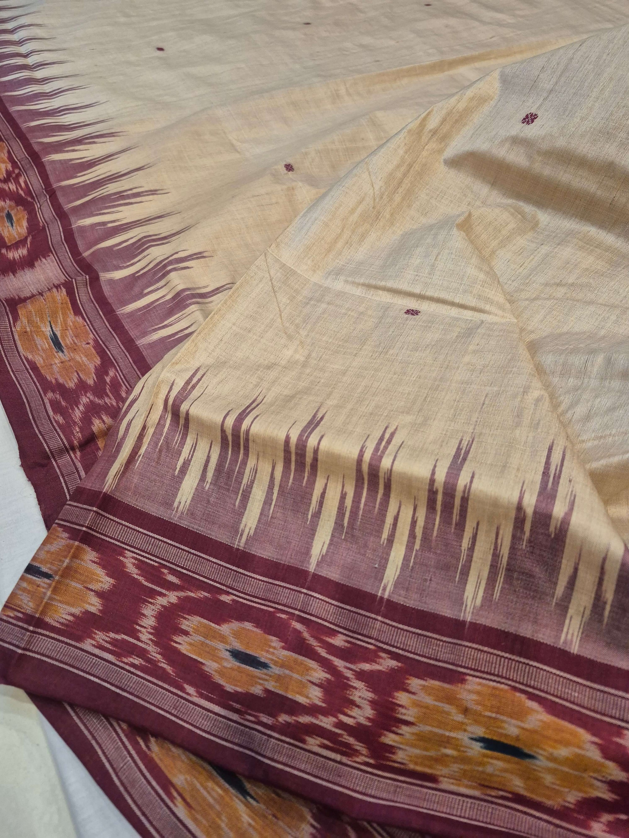 Beige with Maroon Tussar Silk Odisha Ikat Saree paired with cotton ikat blouse piece