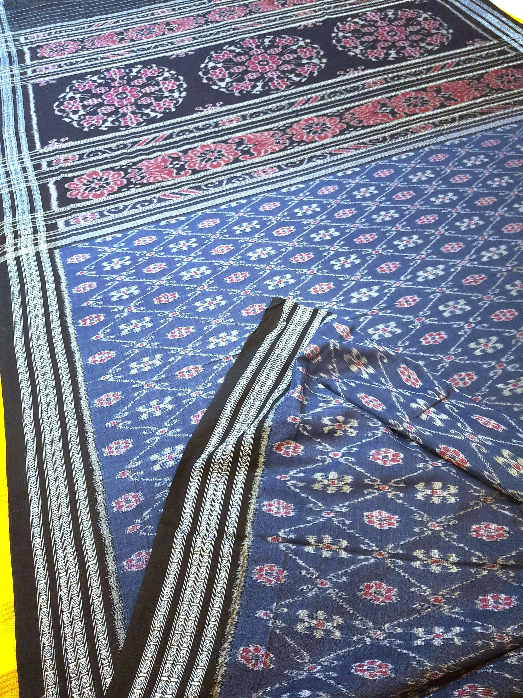 Blue cotton Sambalpuri Saree paired with cotton ikat blouse piece