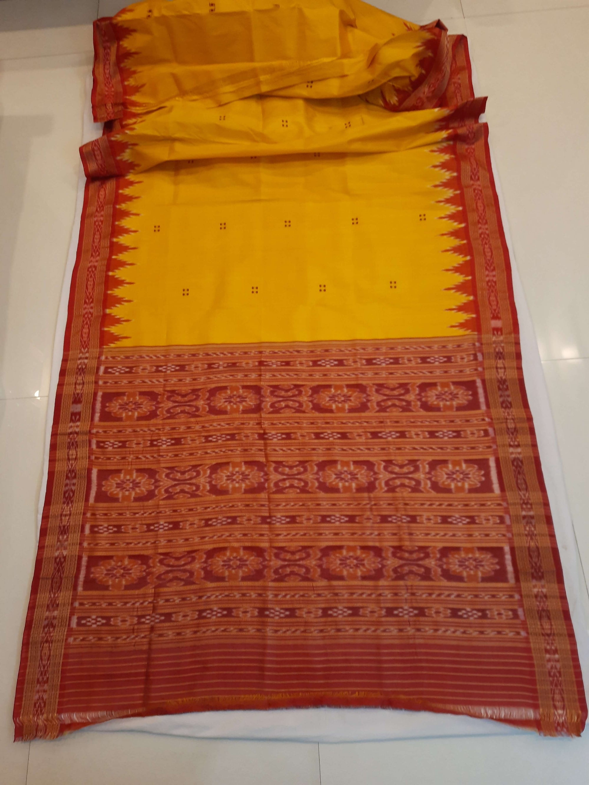 Yellow Red Odisha Khandua Pata Silk Saree with cotton ikat blouse piece