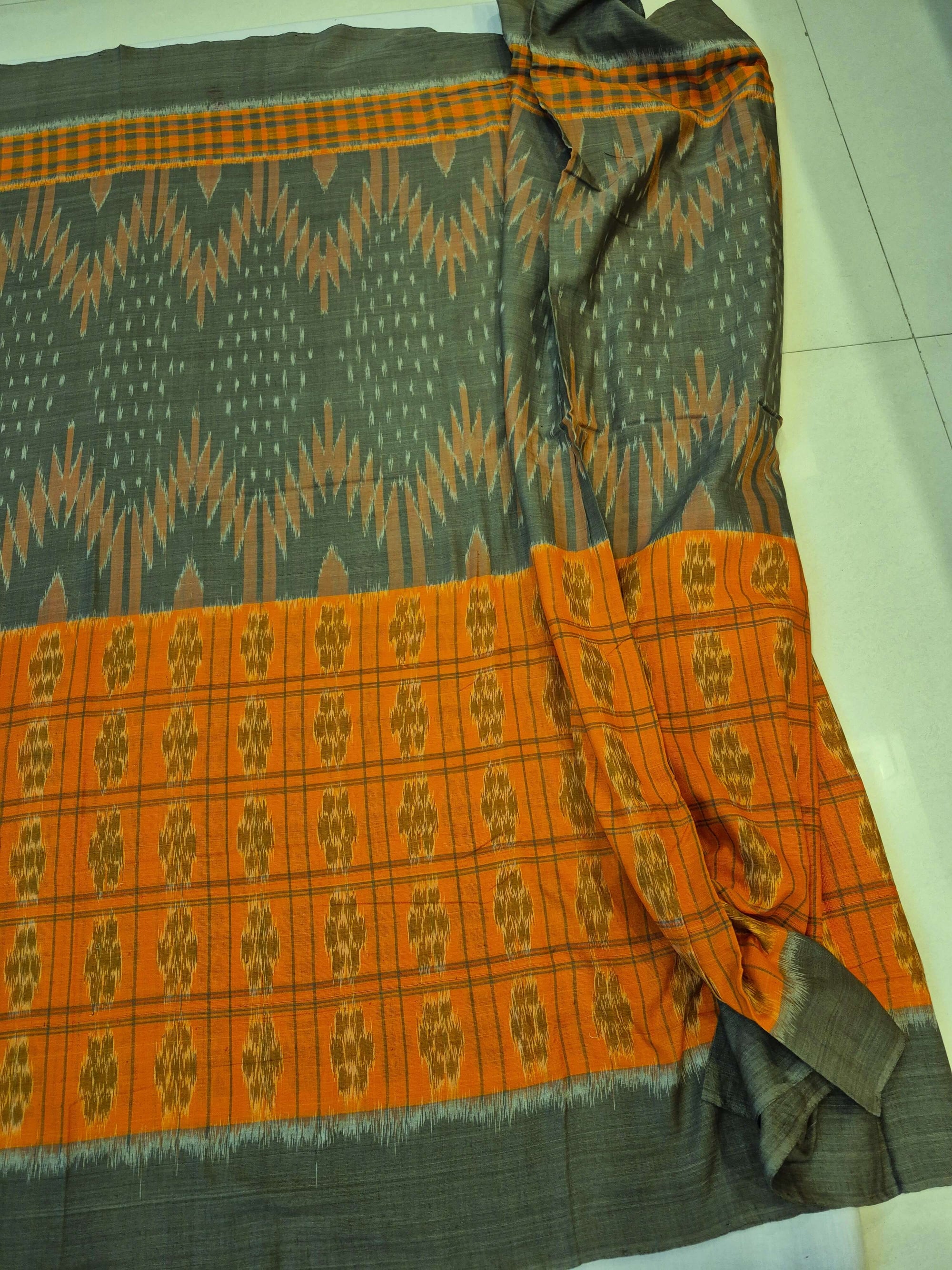 Grey Orange half half body coloured Odisha Ikat saree with cotton ikat blouse piece