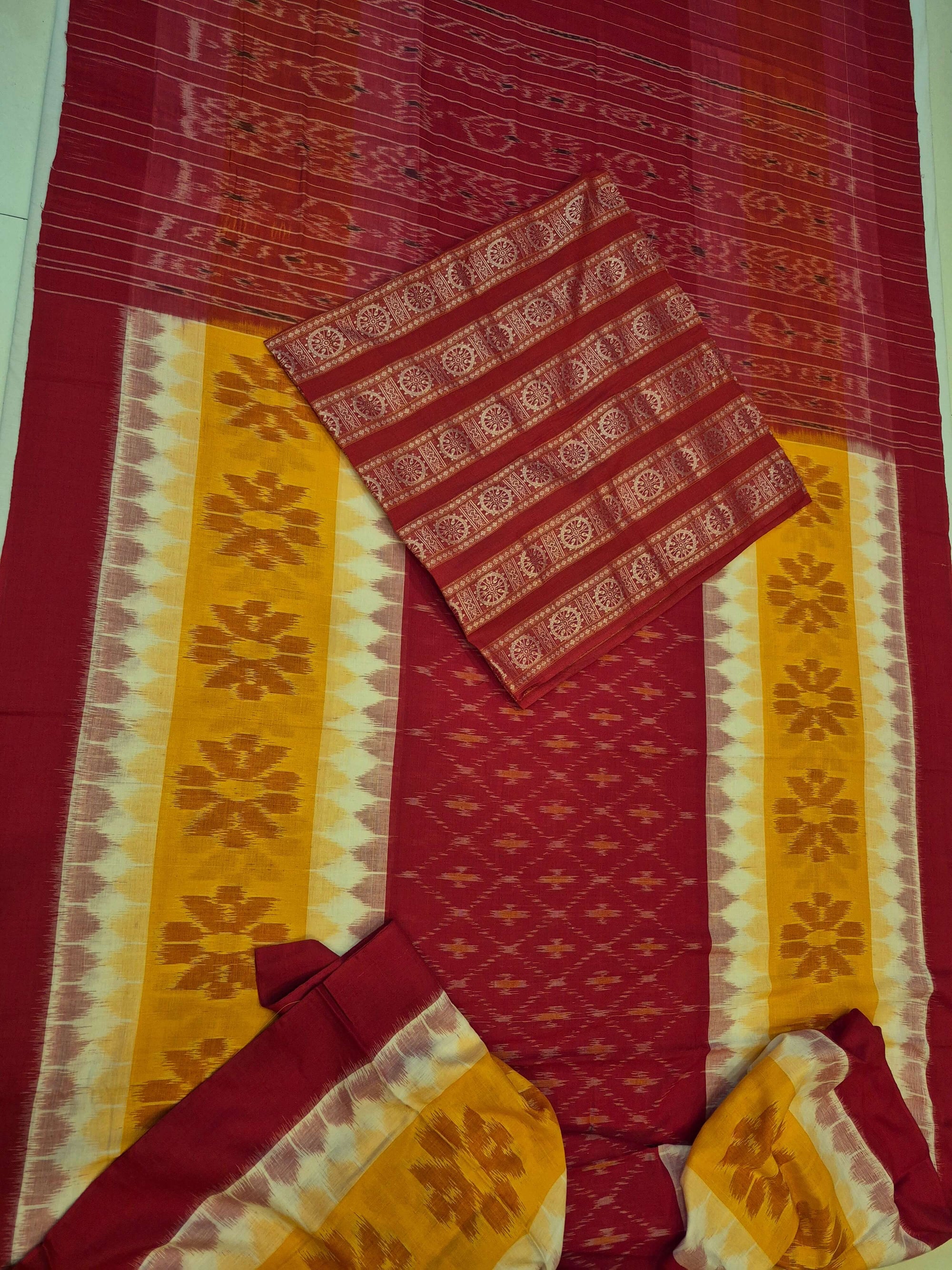 Red Yellow Cotton Odisha Ikat saree with mix match cotton ikat blouse