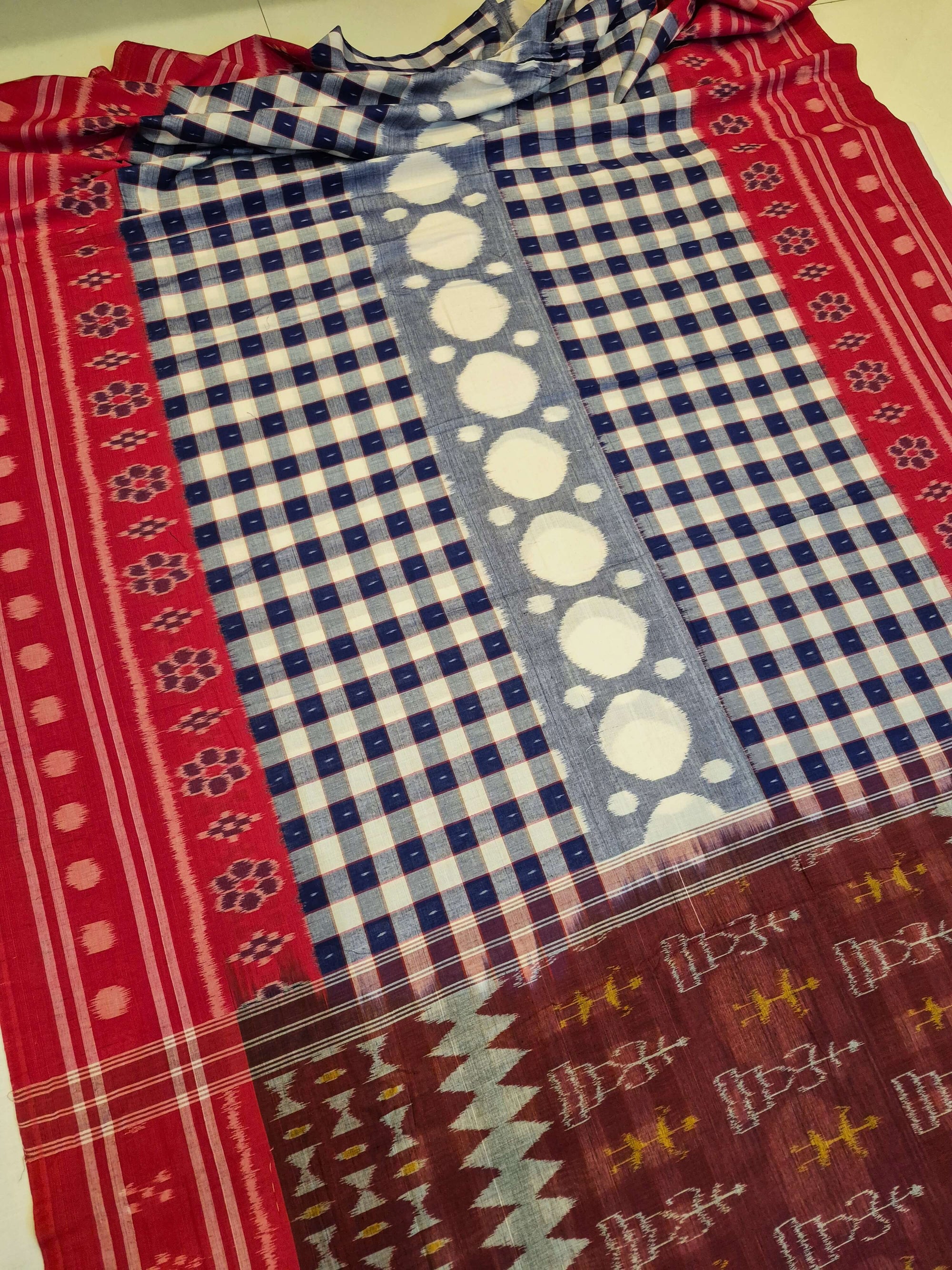 Blue with Red Cotton Odisha Ikat saree with cotton ikat blouse piece