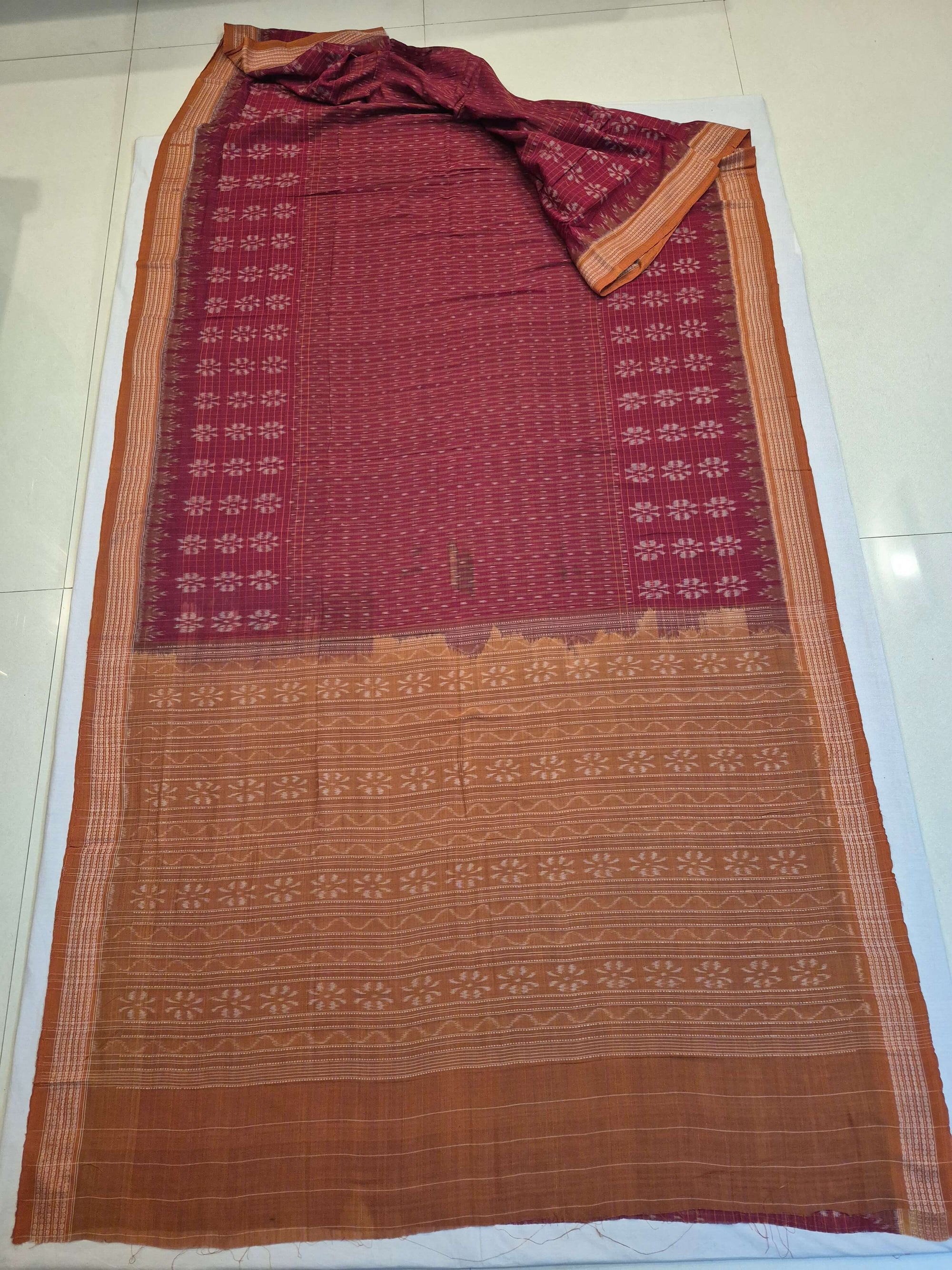Maroon Sambalpuri Cotton Saree with cotton ikat blouse piece