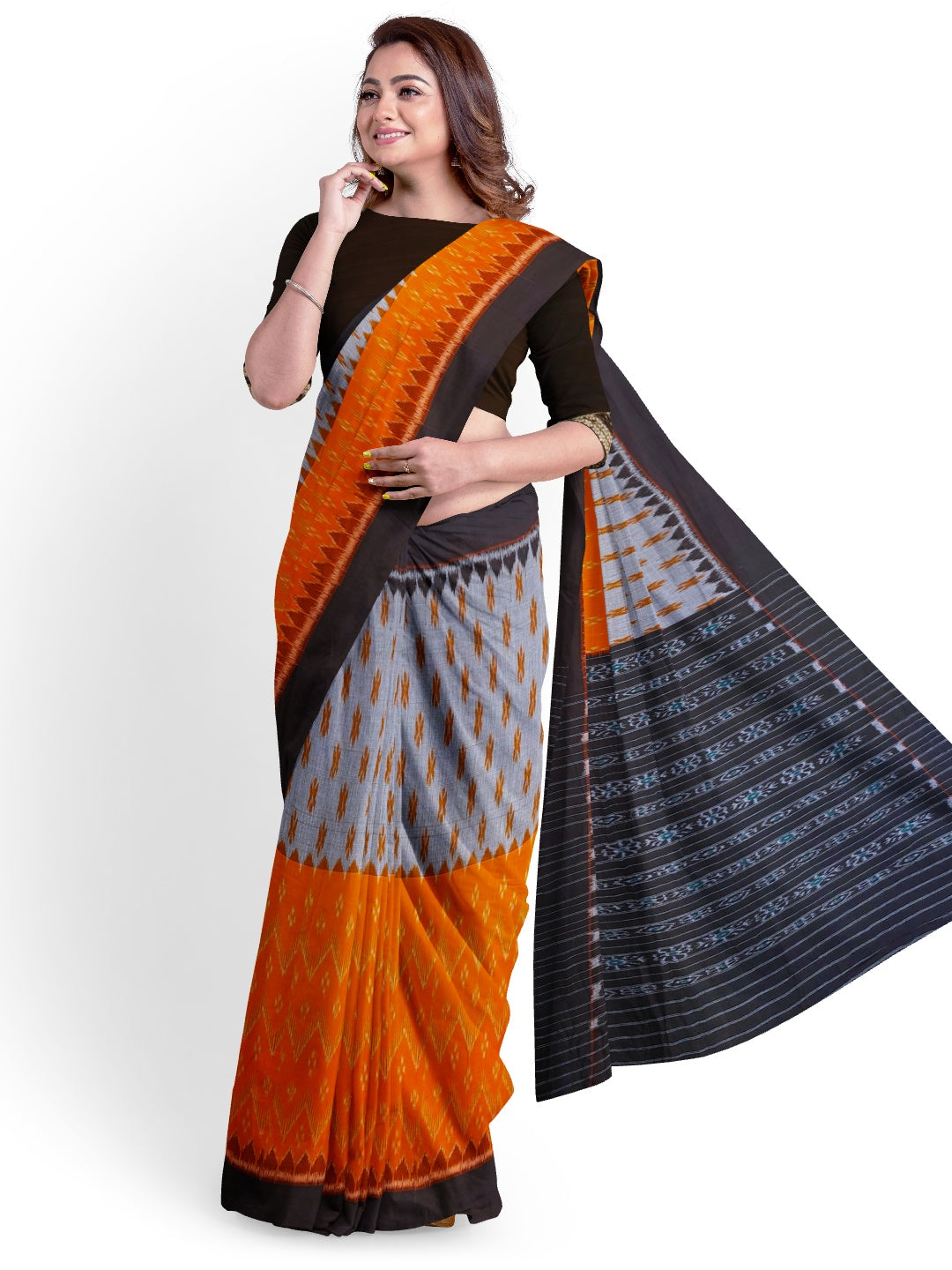 Grey Orange half half colored body Odisha Ikat saree with cotton ikat blouse piece