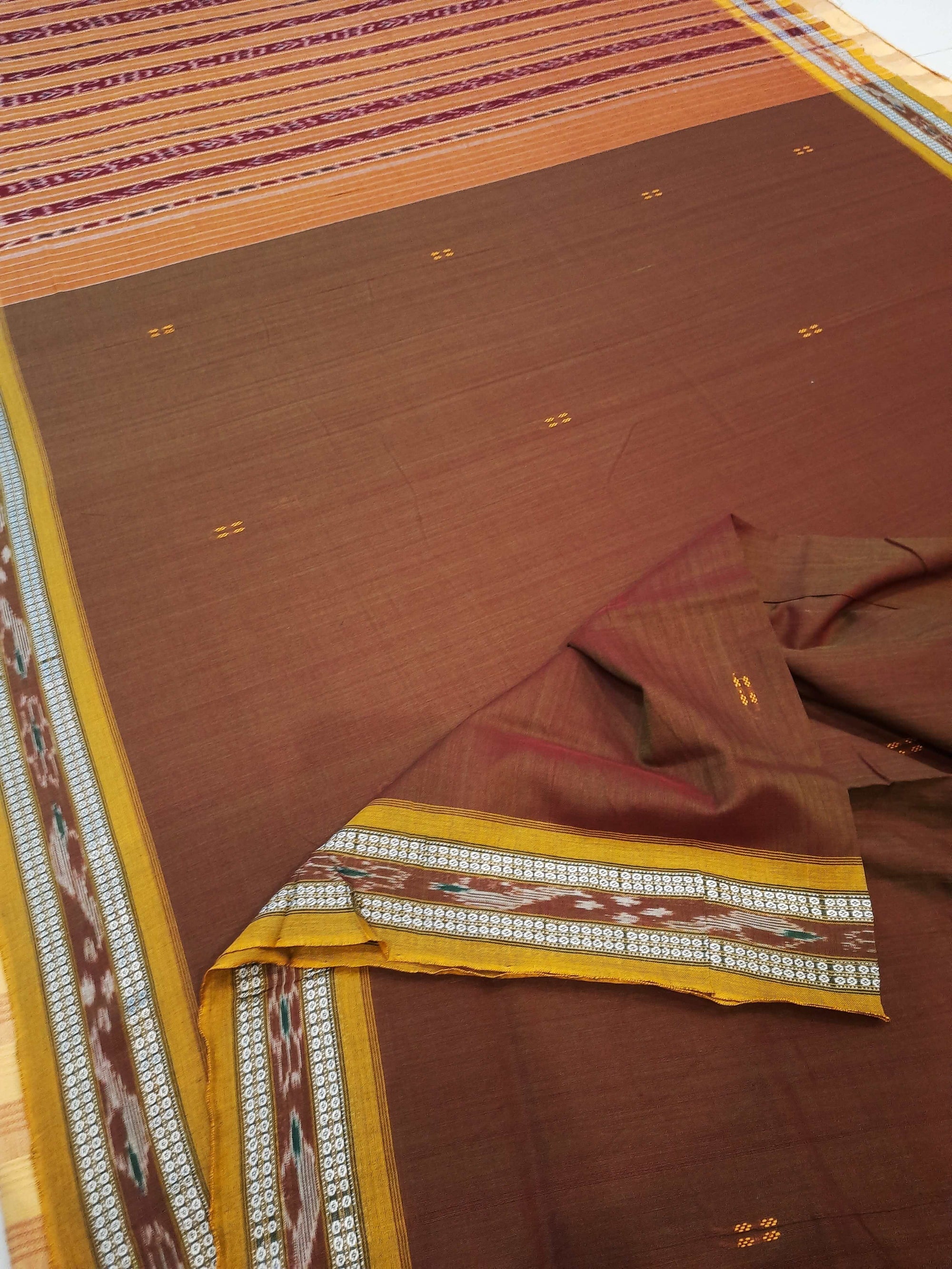 Brown with Golden Odisha Ikat saree  with cotton ikat blouse piece