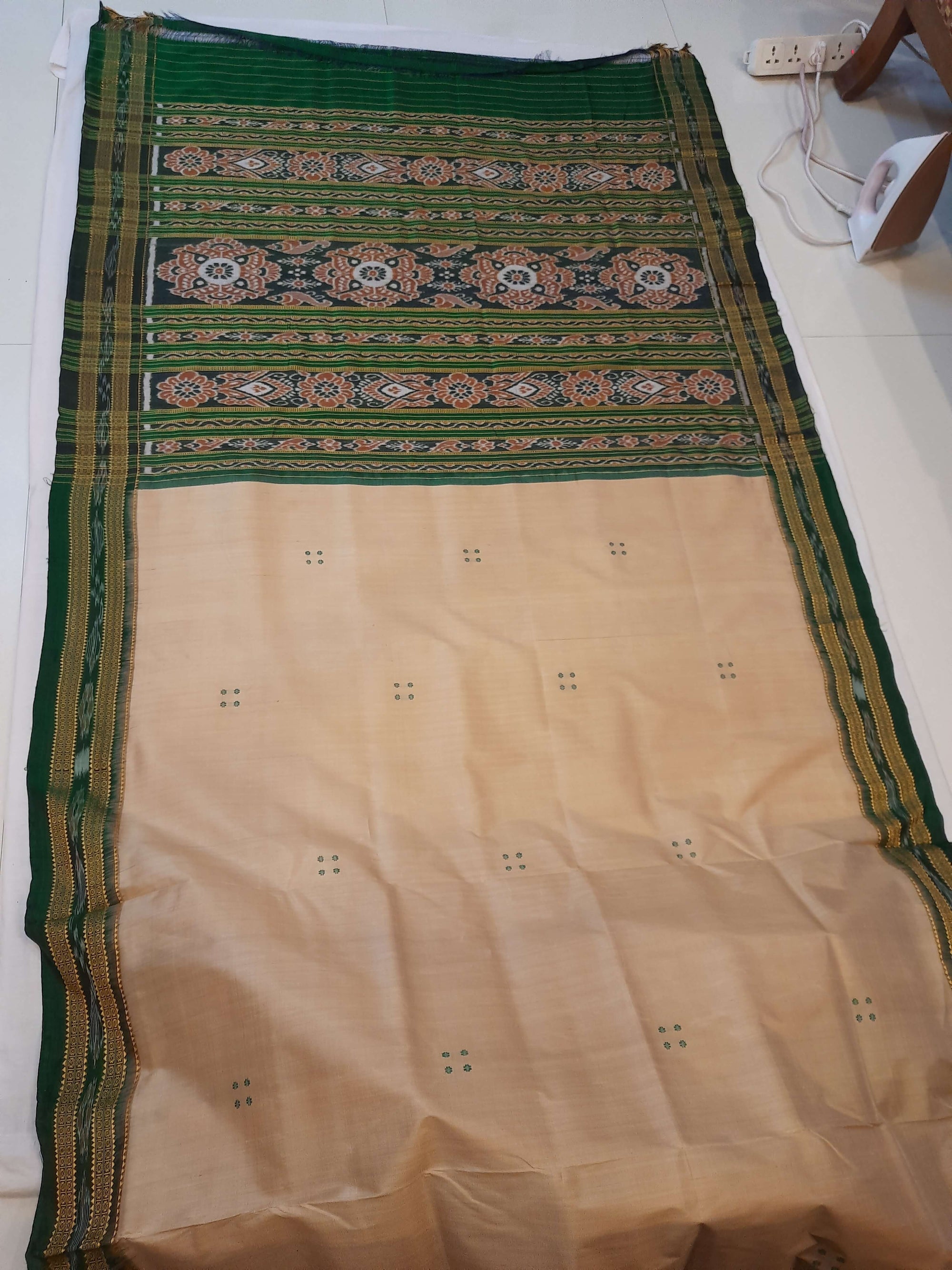 Beige with Green Odisha Khandua Pata Silk Saree with cotton ikat blouse piece