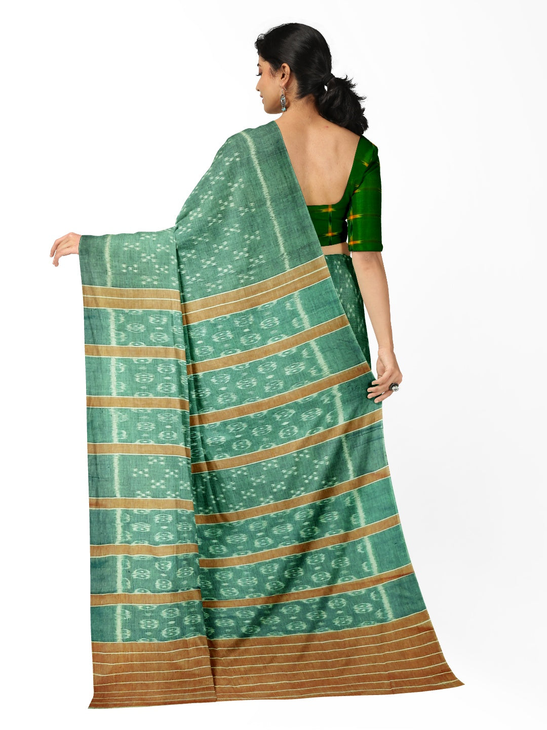 Green Cotton Odisha Ikat saree with mix match cotton ikat blouse piece