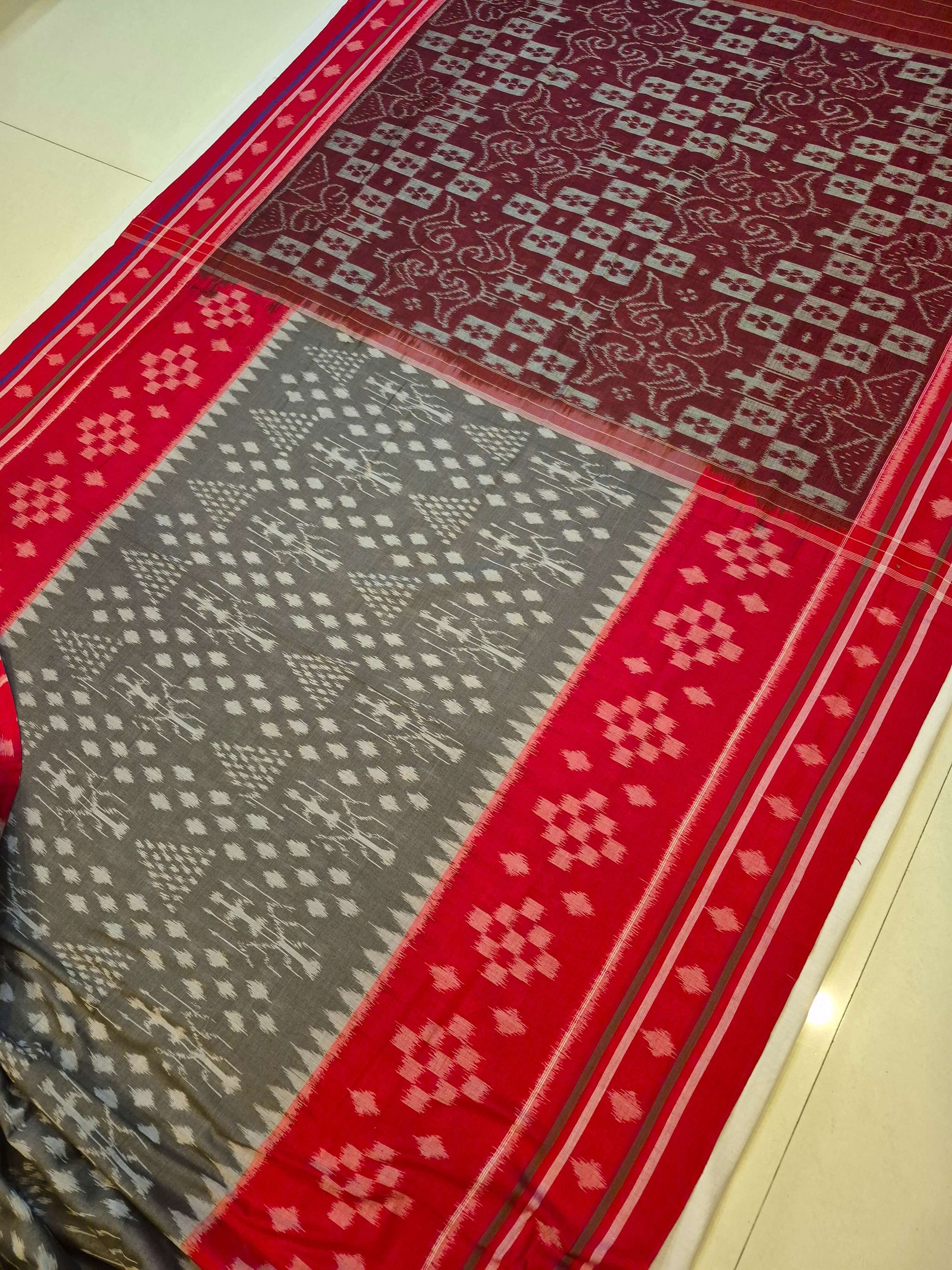 Grey with Red cotton Odisha Ikat Saree with matching cotton Ikat blouse piece
