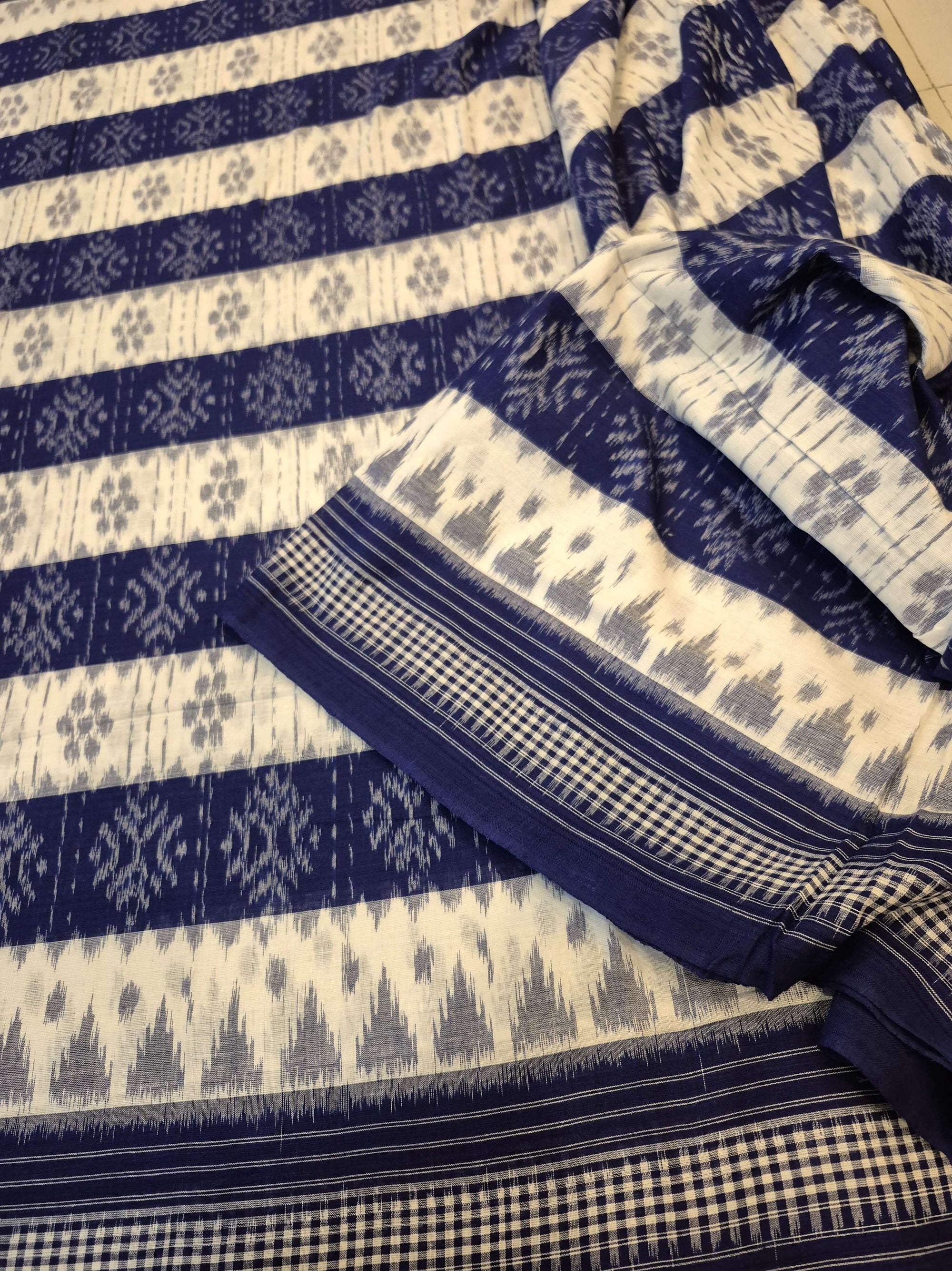 White with Blue Cotton Odisha Ikat saree with cotton ikat blouse piece