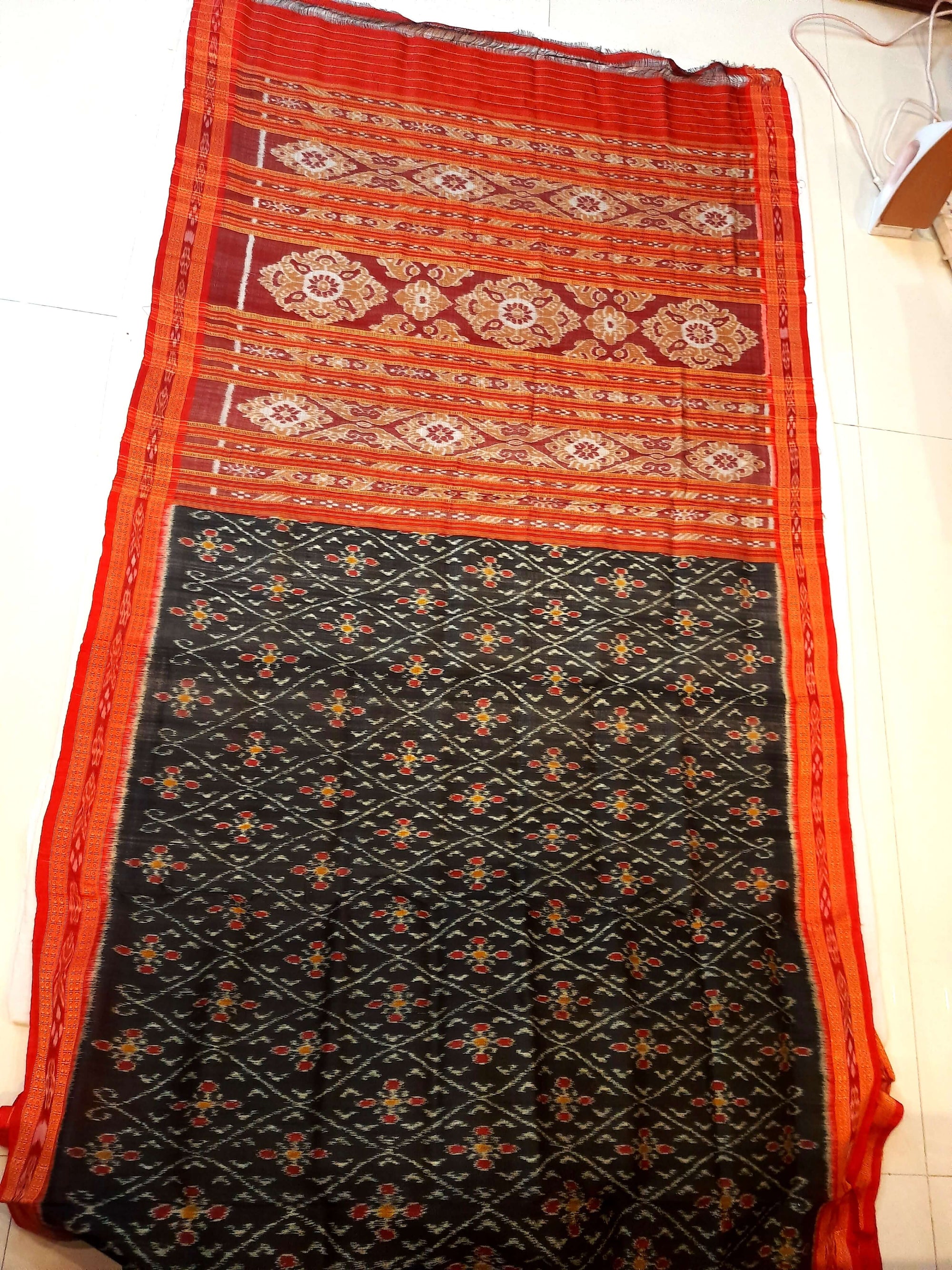 Black with Red Border Odisha Khandua Pata Silk Saree with cotton ikat blouse piece