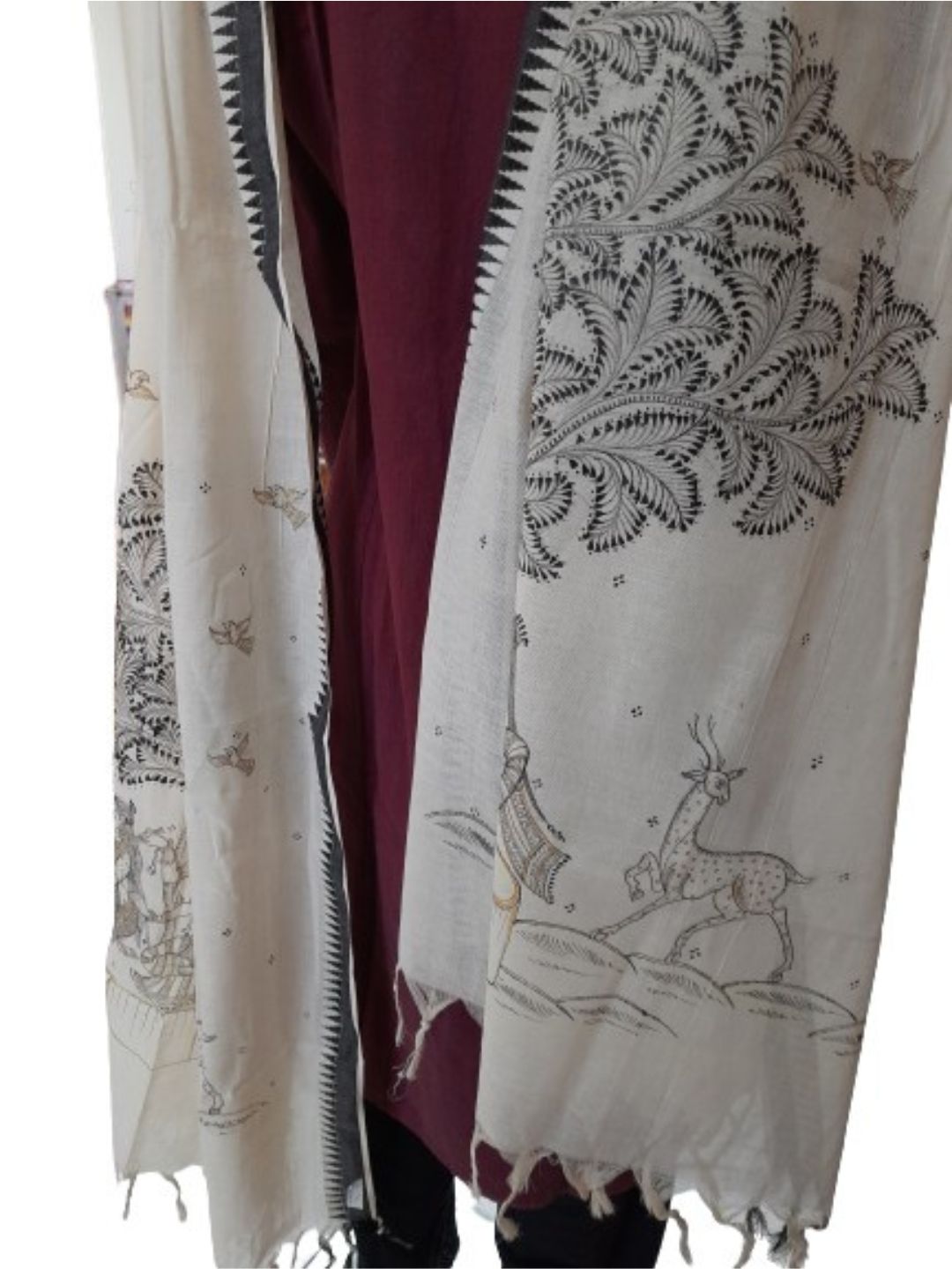Off-white cotton Dupatta with hand painted Pattachitra motifs