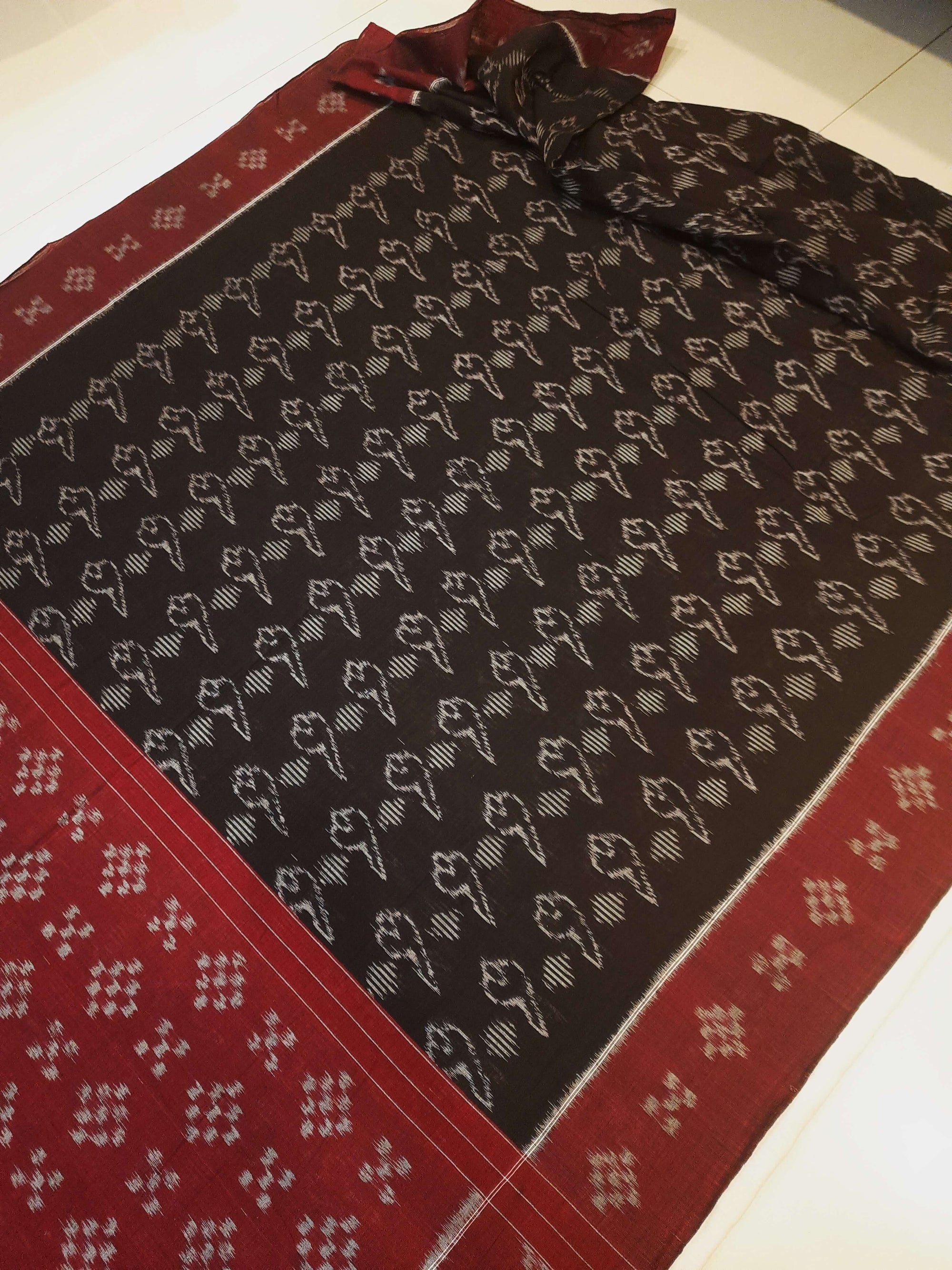 Black with Maroon Cotton Odisha Ikat saree with matching blouse piece