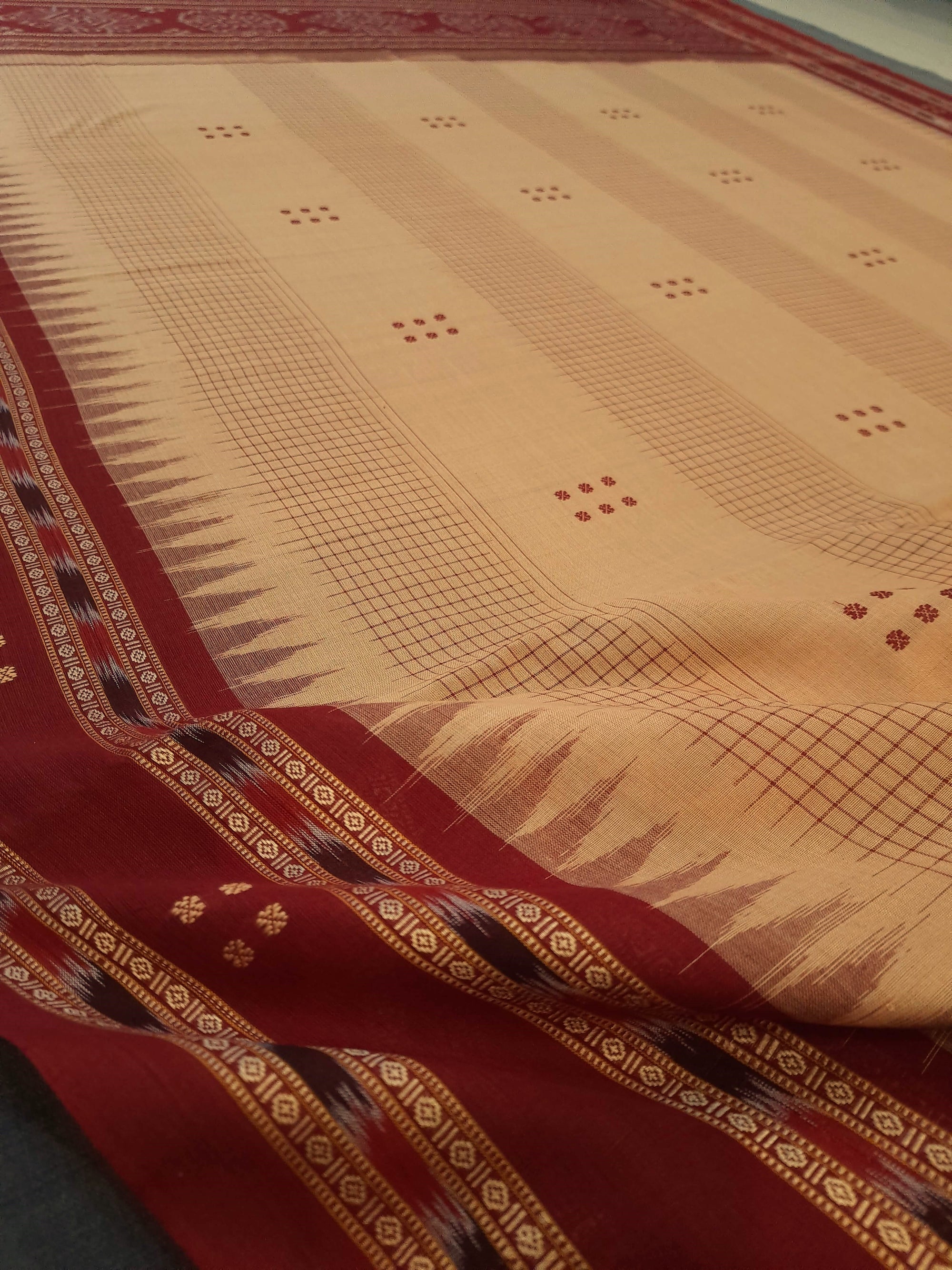 Beige Maroon buti Cotton Odisha Ikat saree with mix match cotton ikat blouse