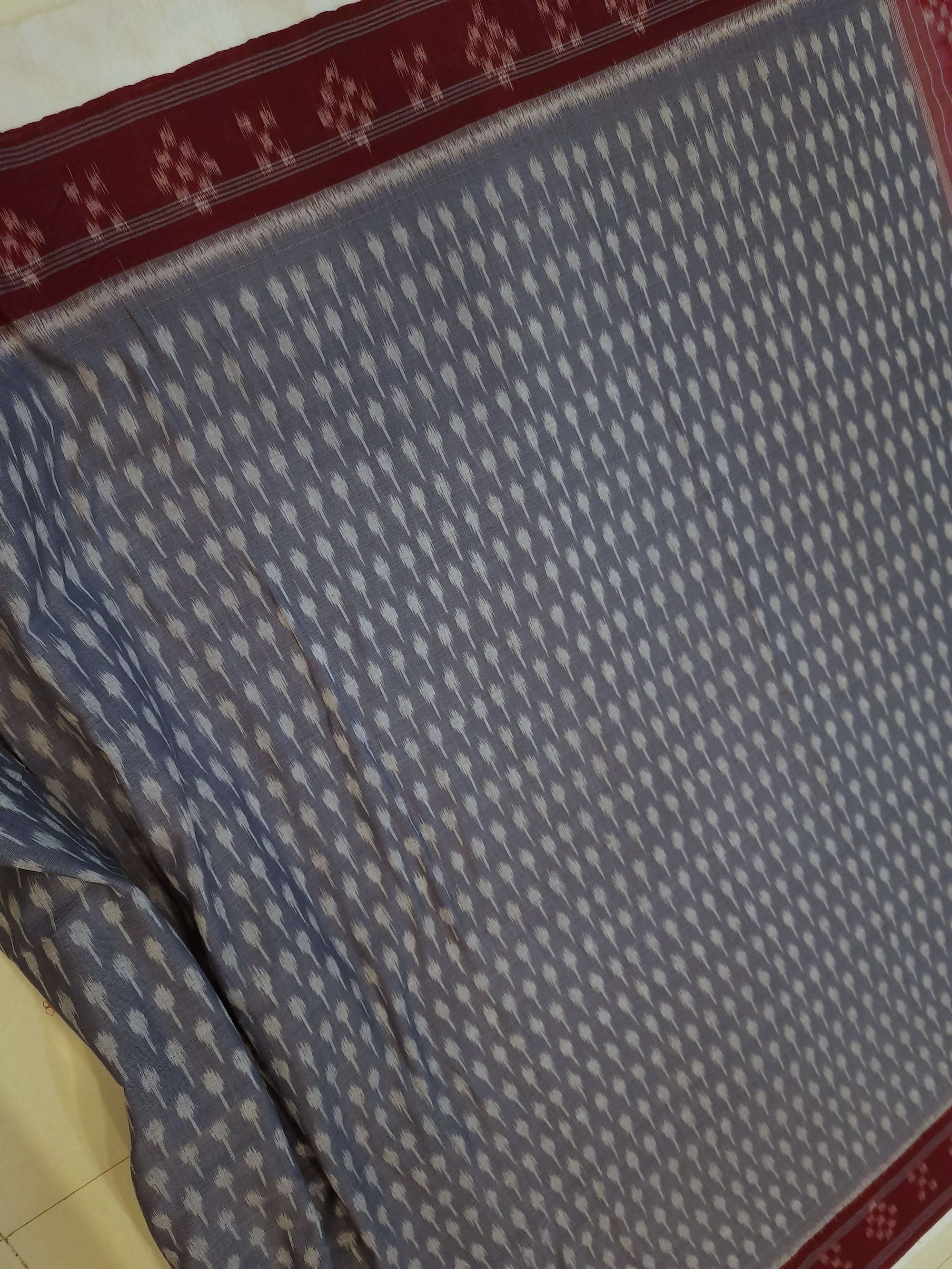 Grey cotton Odisha Ikat Saree with mix match cotton Ikat blouse piece