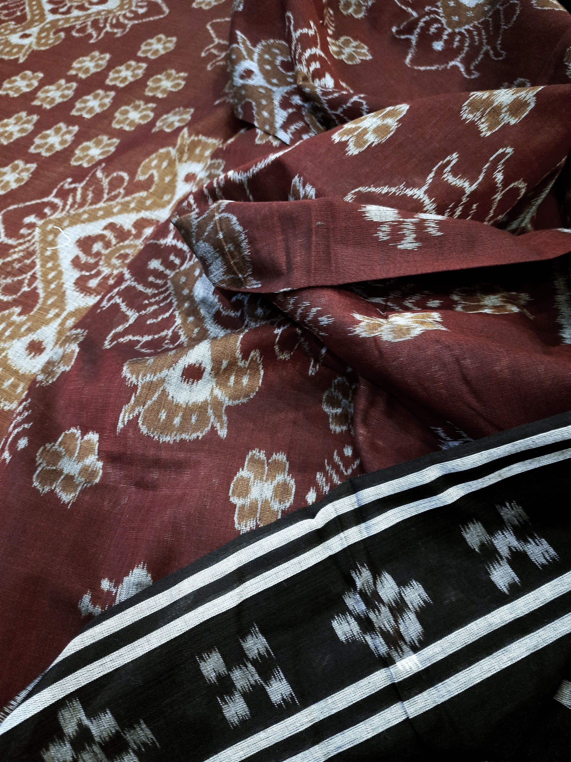 Maroon with black Cotton Odisha Ikat saree  with mix match cotton ikat blouse