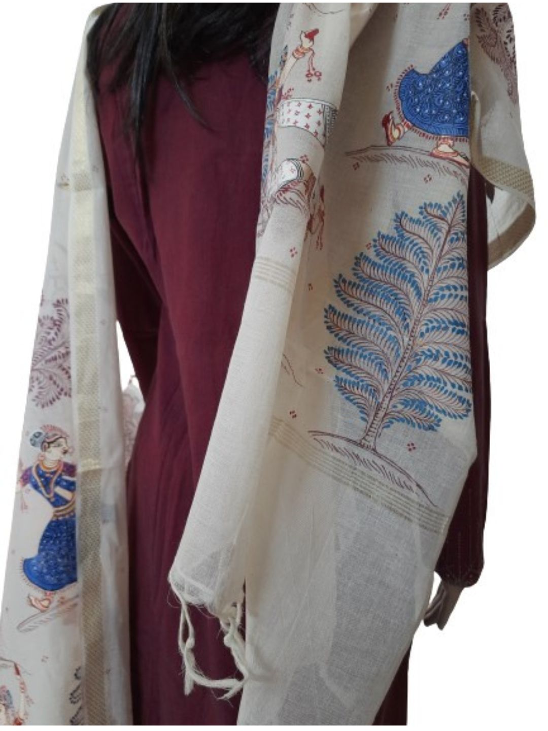 Off-white Cotton Dupatta with hand-painted Pattachitra motifs