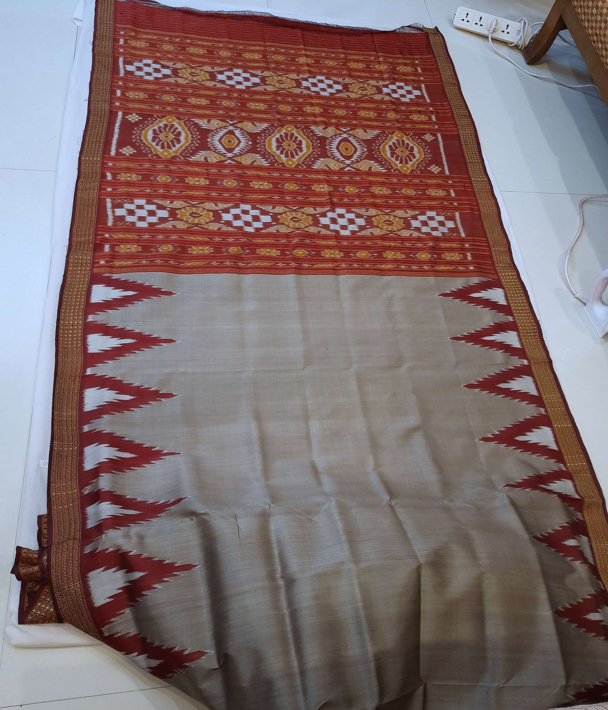 Grey with Maroon Odisha Khandua Pata Silk Saree with Silk blouse piece