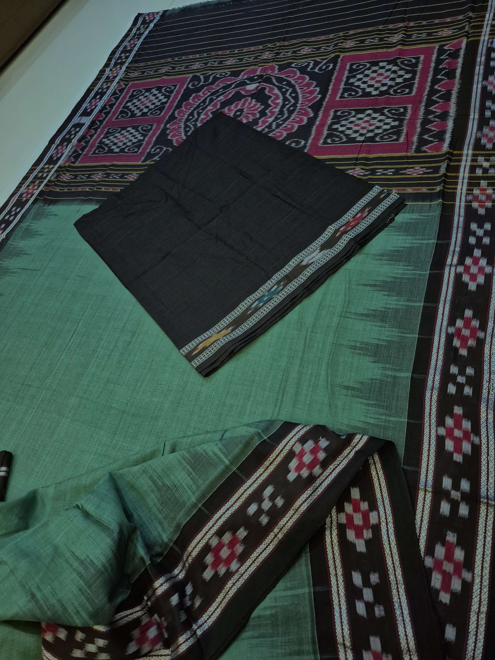 Green Black Odisha Ikat saree with cotton ikat blouse piece