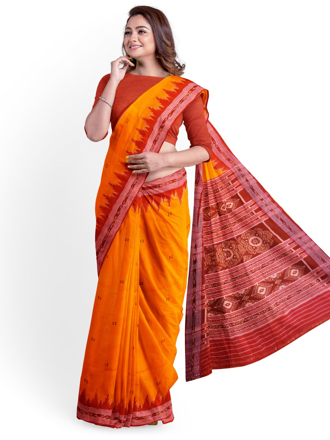 Golden with Red Odisha Khandua Pata Silk Saree