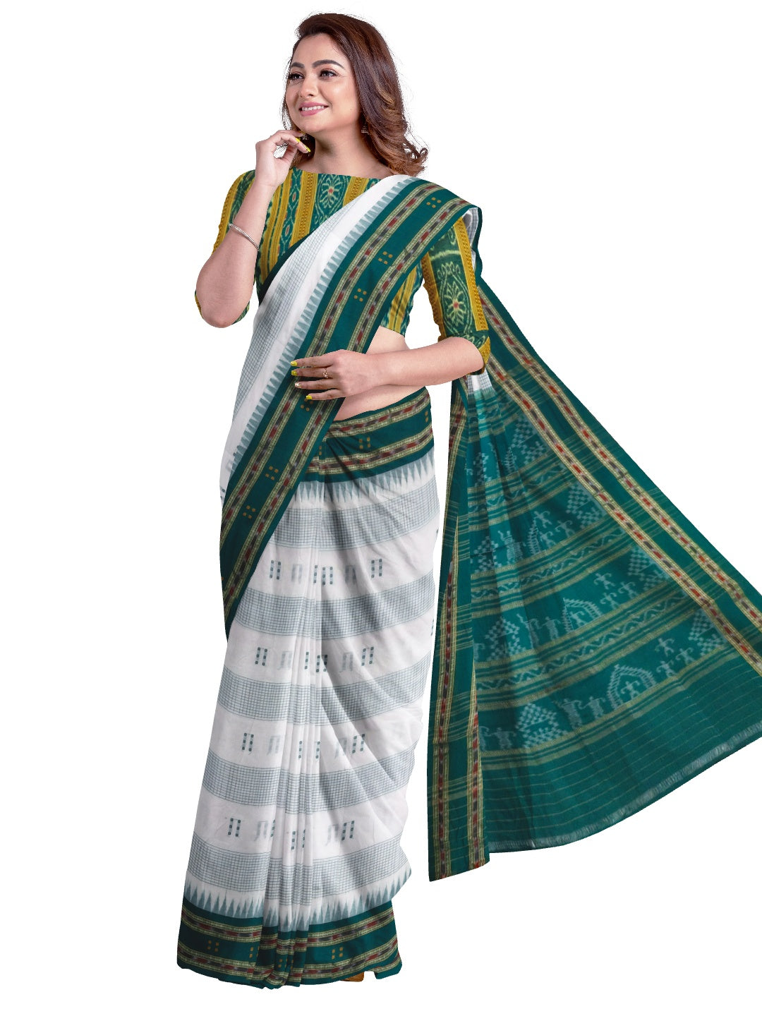 White with Green buti Cotton Odisha Ikat saree with mix match cotton ikat blouse