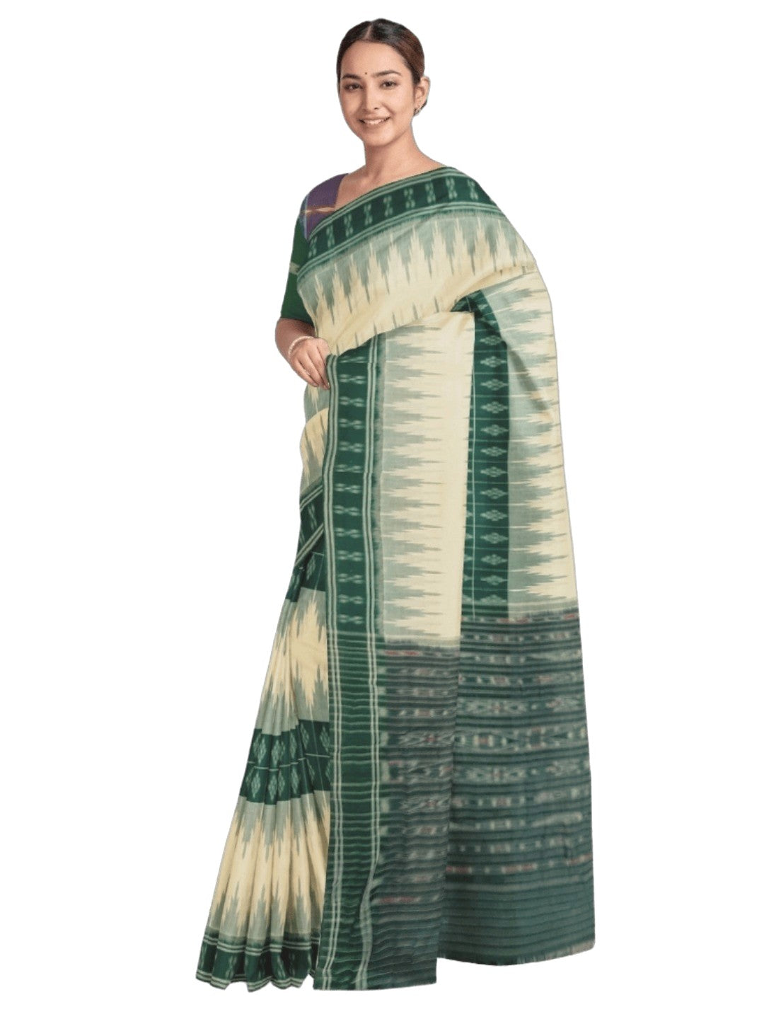 White and Green Cotton Odisha Ikat saree with mix match blouse piece