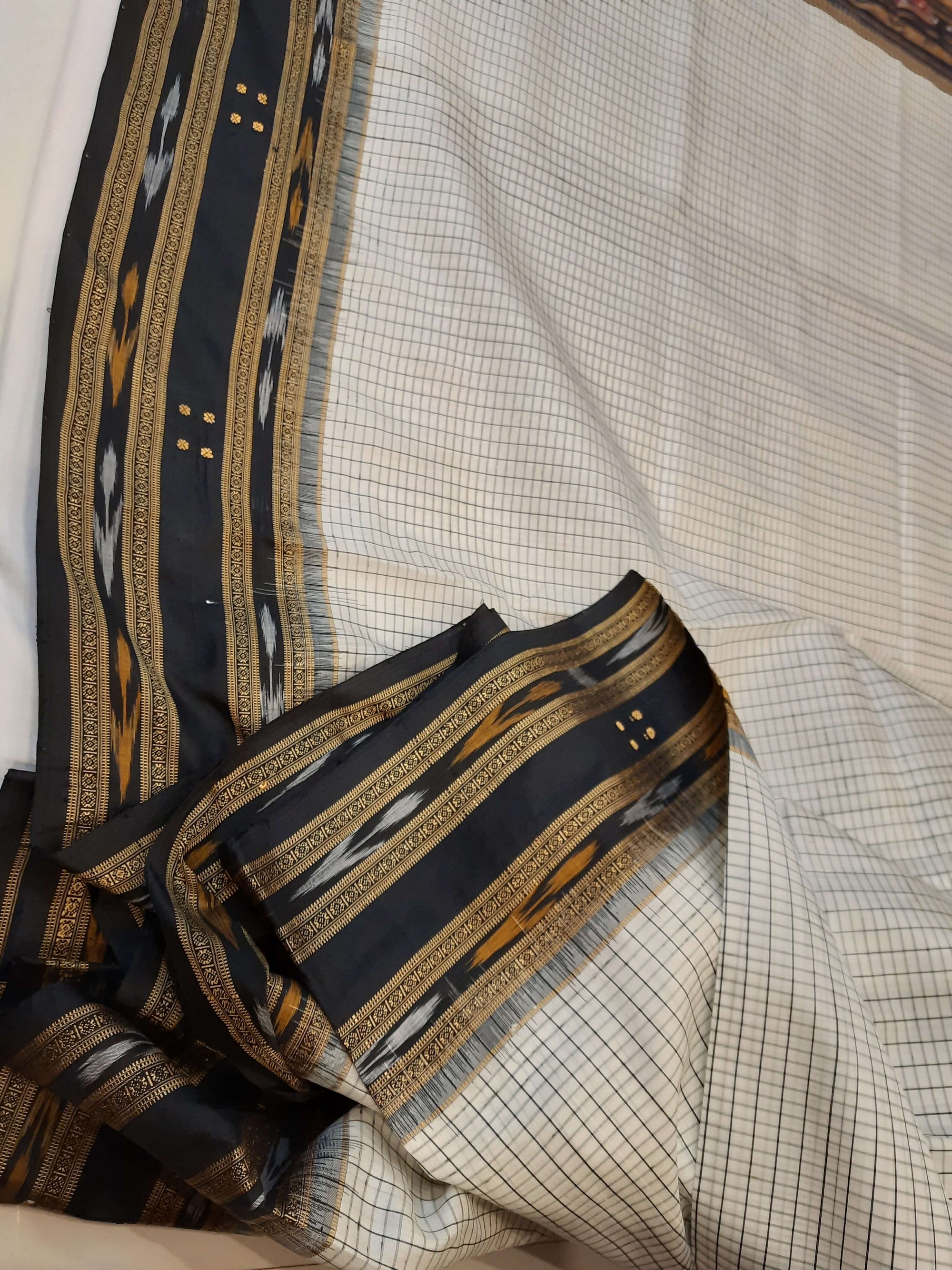 Offwhite Black Sachipar Khandua Pata Silk Saree with cotton ikat blouse piece