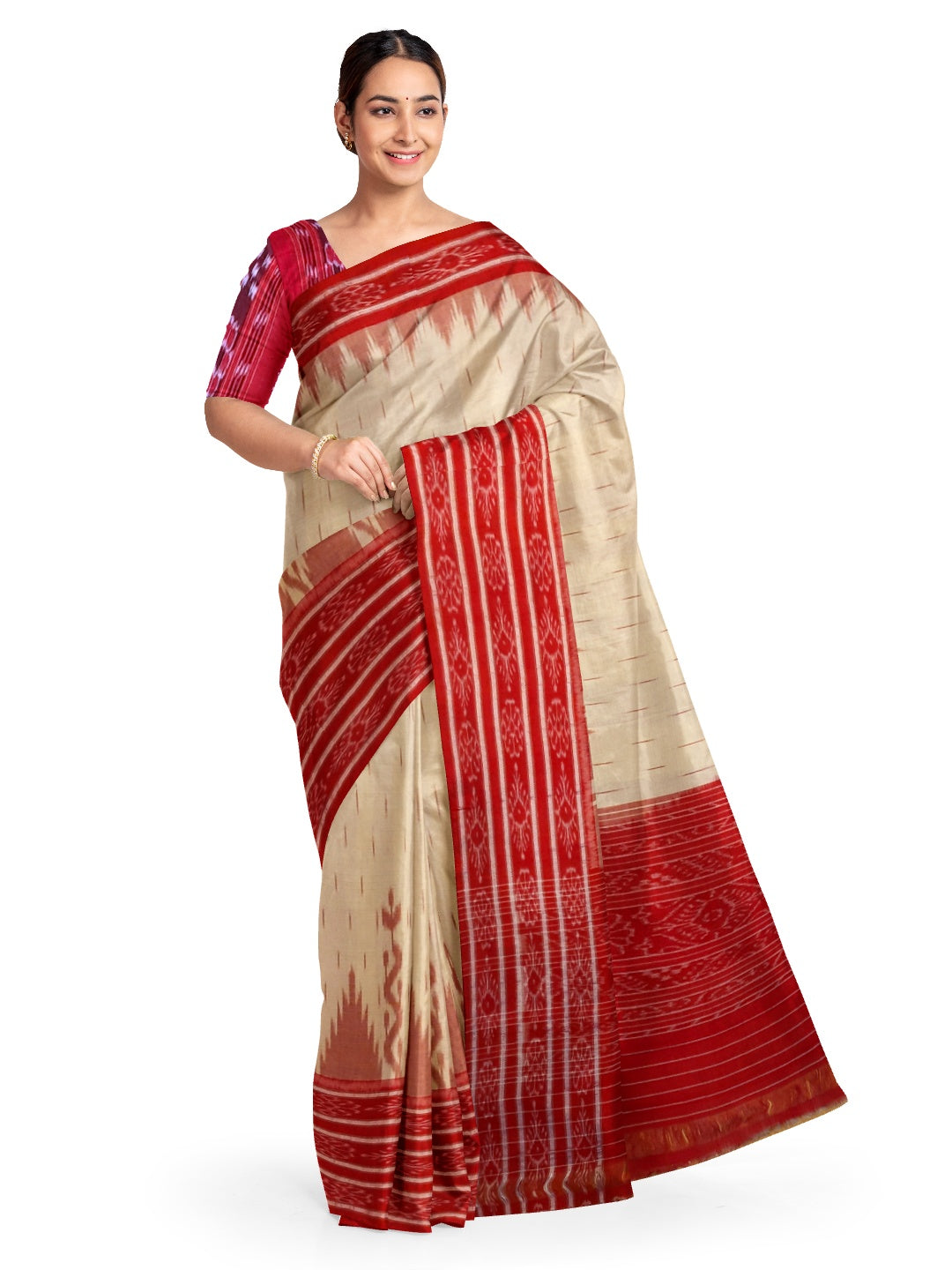 Beige wide border Cotton Odisha Ikat saree  with mix match cotton ikat blouse