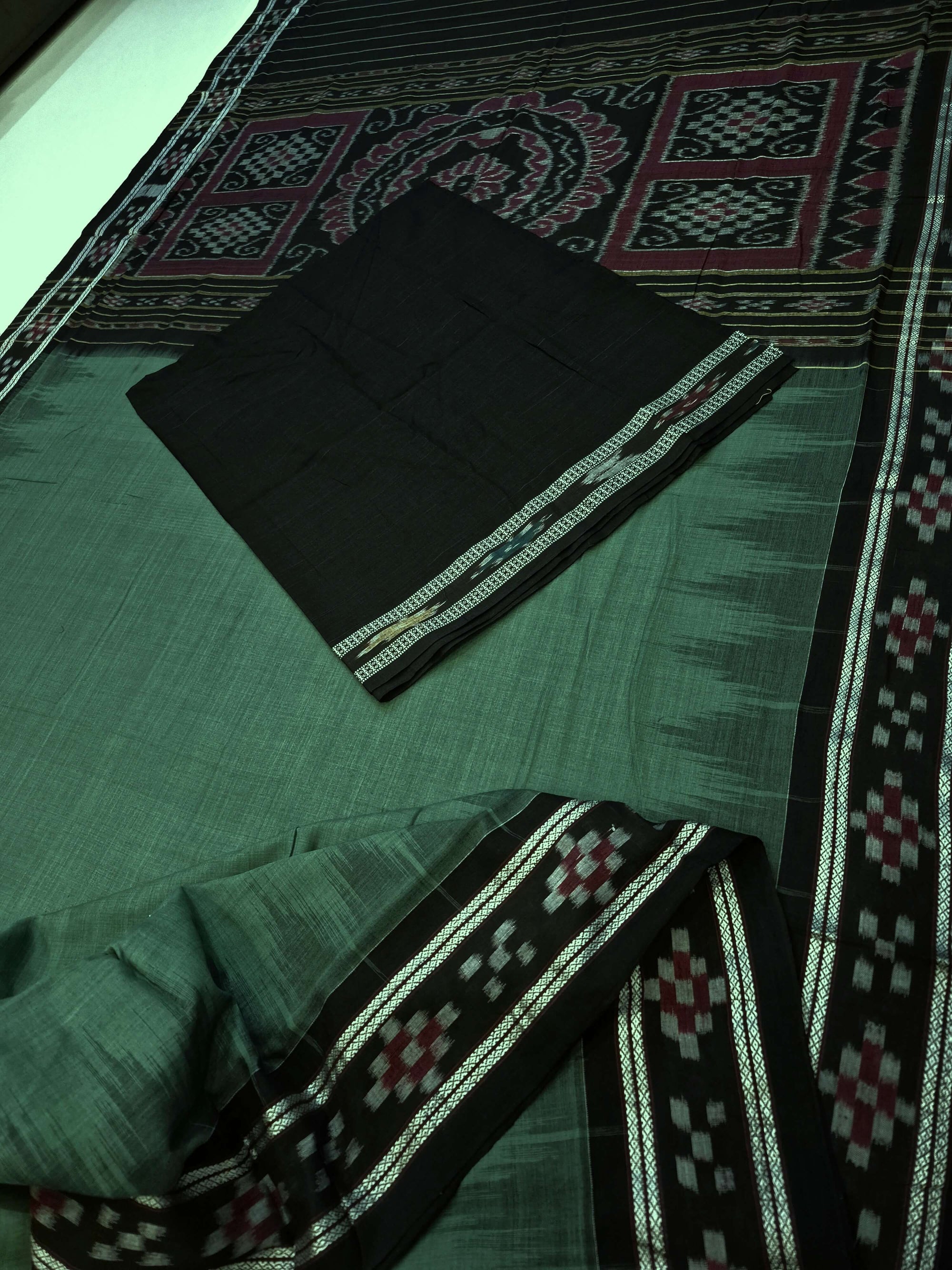 Green Black Odisha Ikat saree with cotton ikat blouse piece
