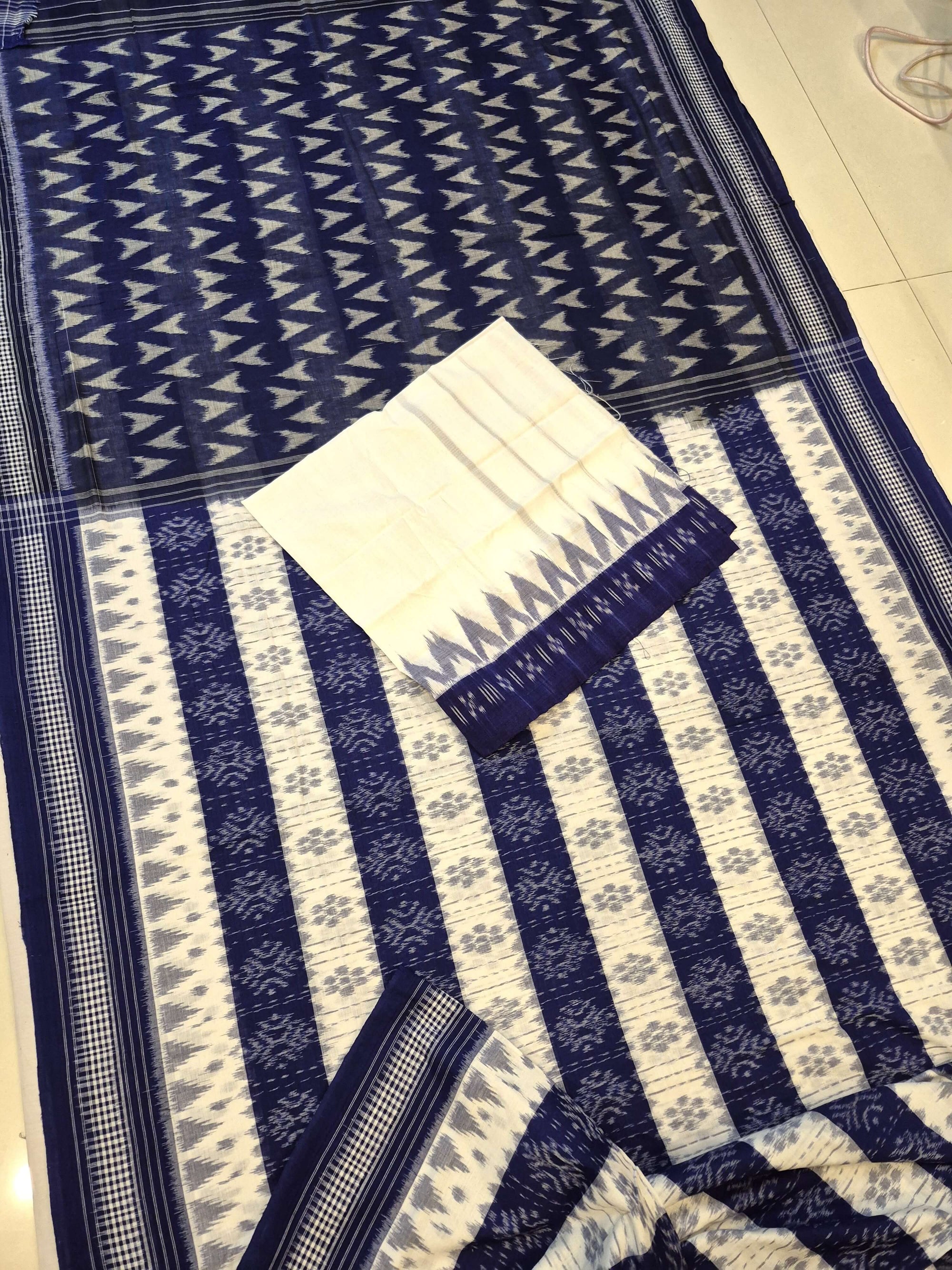 White with Blue Cotton Odisha Ikat saree with cotton ikat blouse piece