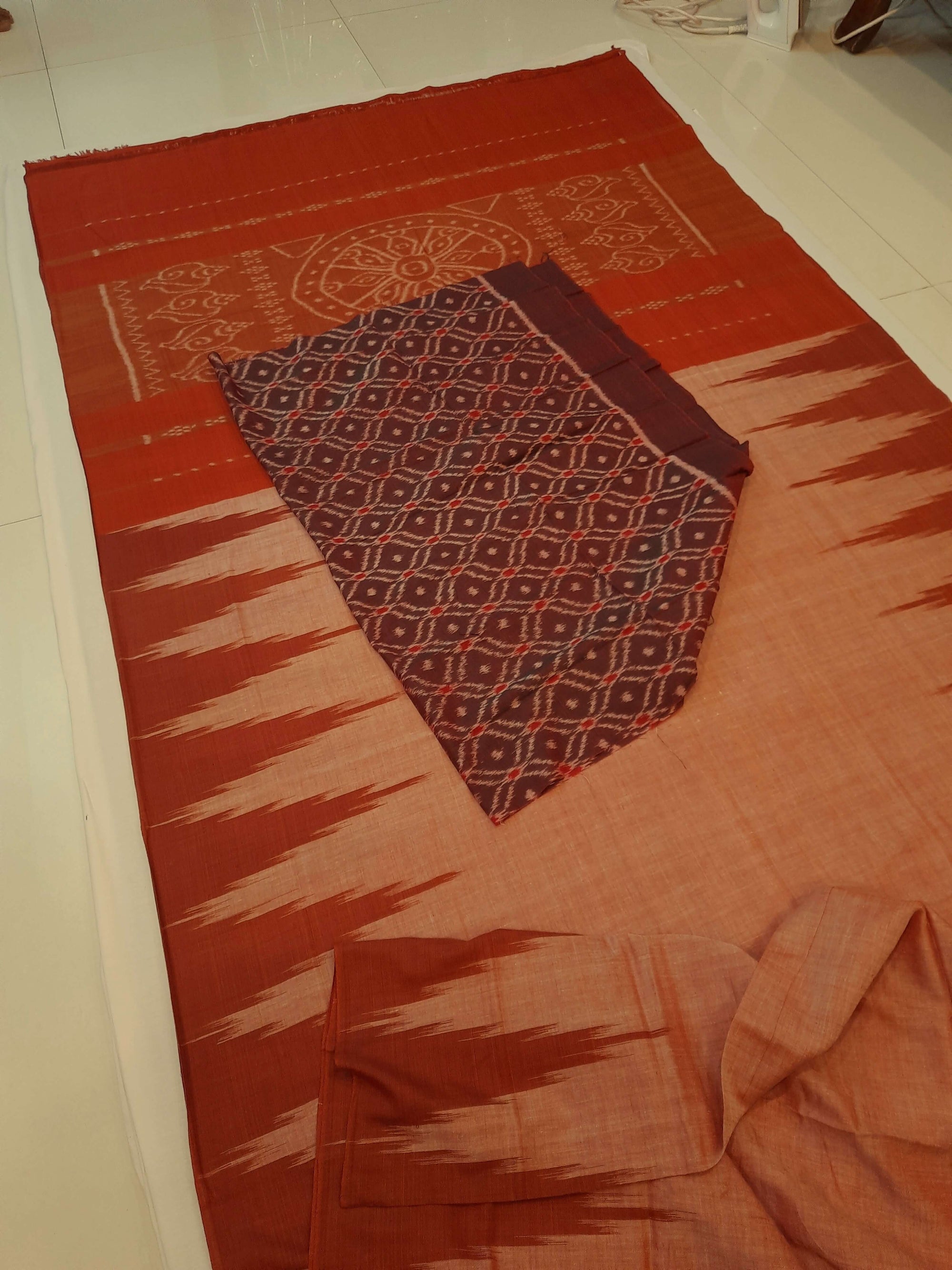 Rust Cotton Odisha Ikat saree  with mix match cotton ikat blouse