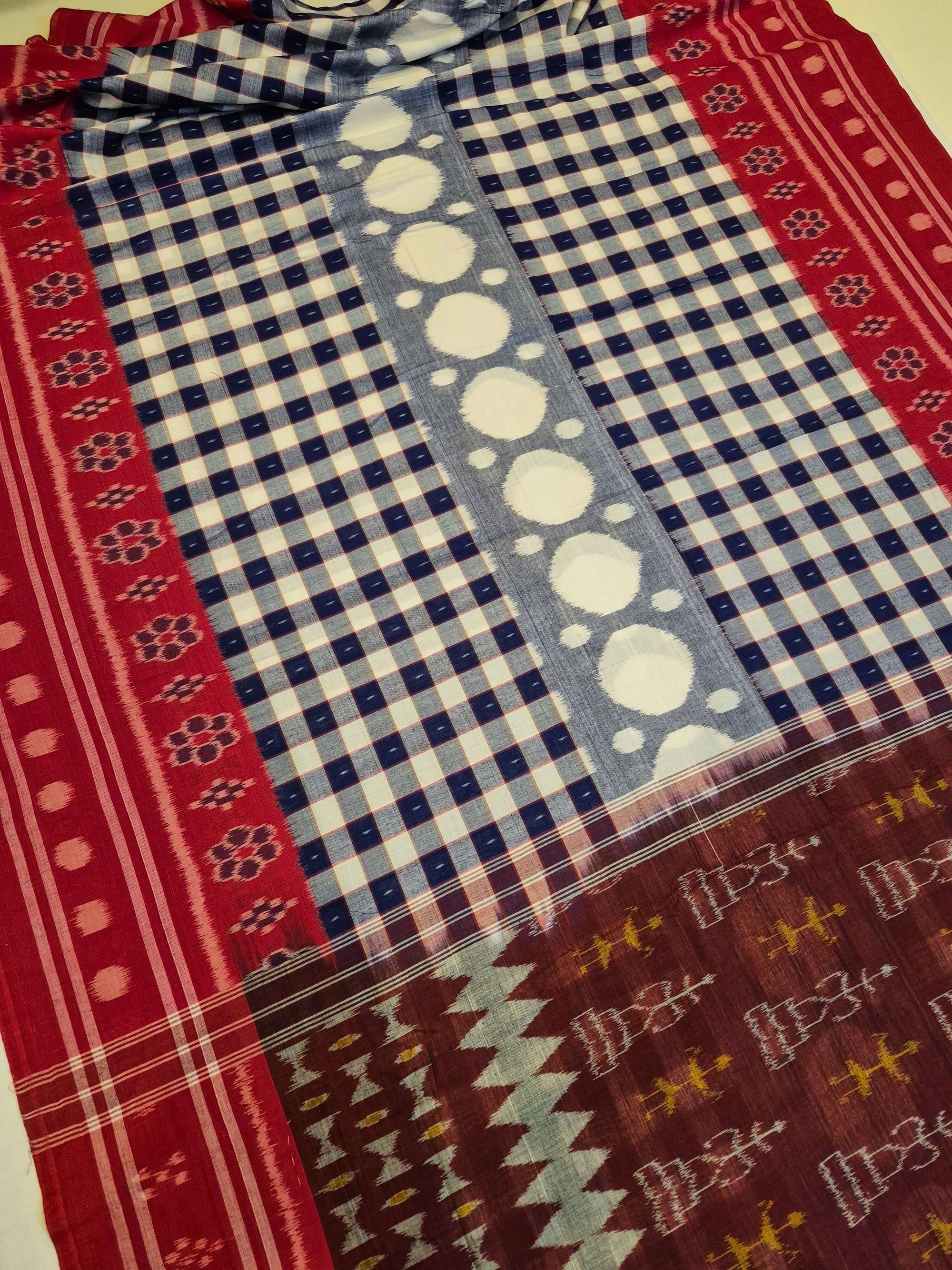 Blue with Red Cotton Odisha Ikat saree with cotton ikat blouse piece