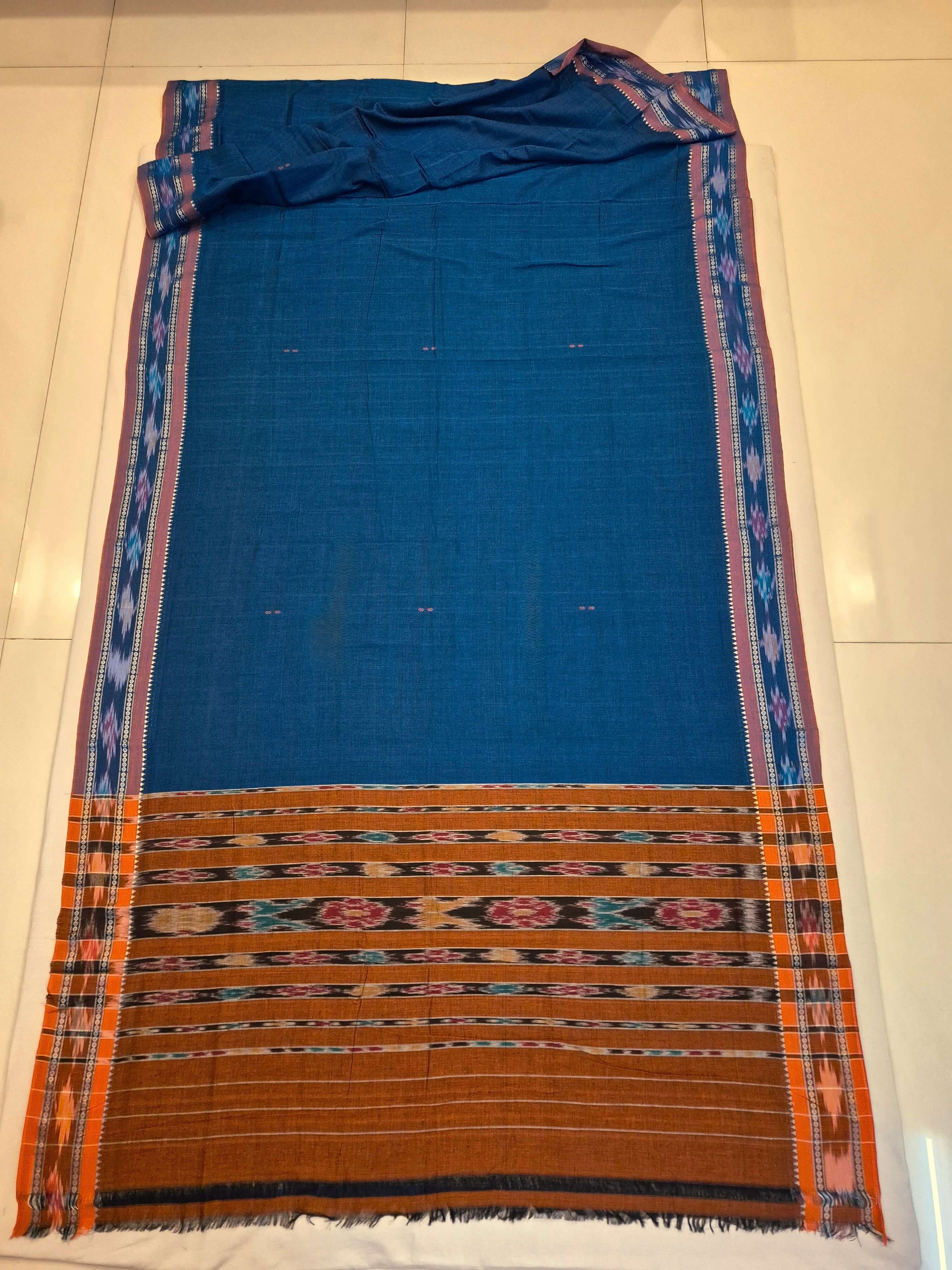 Blue Cotton Odisha Ikat saree  with mix match cotton ikat blouse