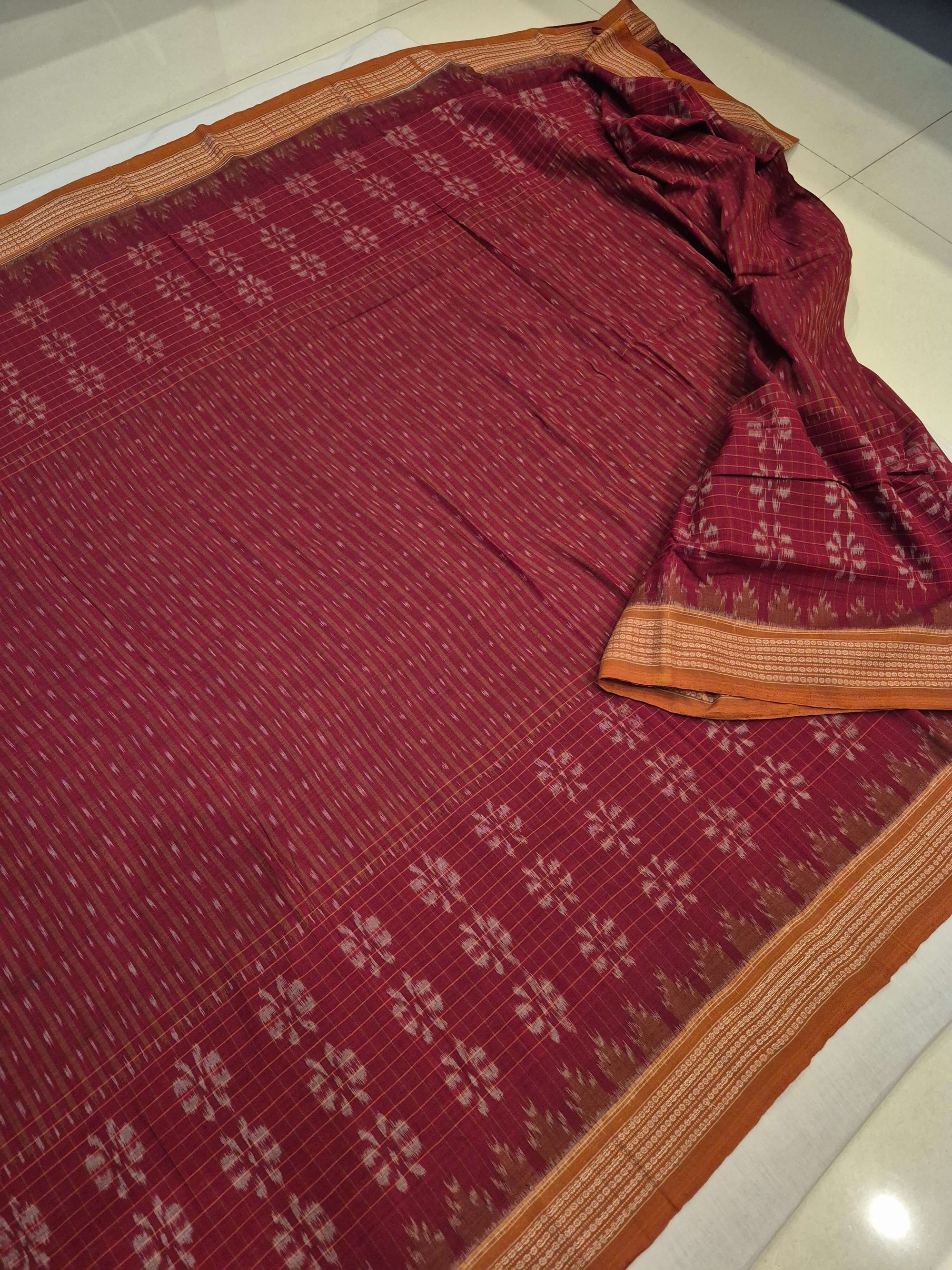 Maroon Sambalpuri Cotton Saree with cotton ikat blouse piece